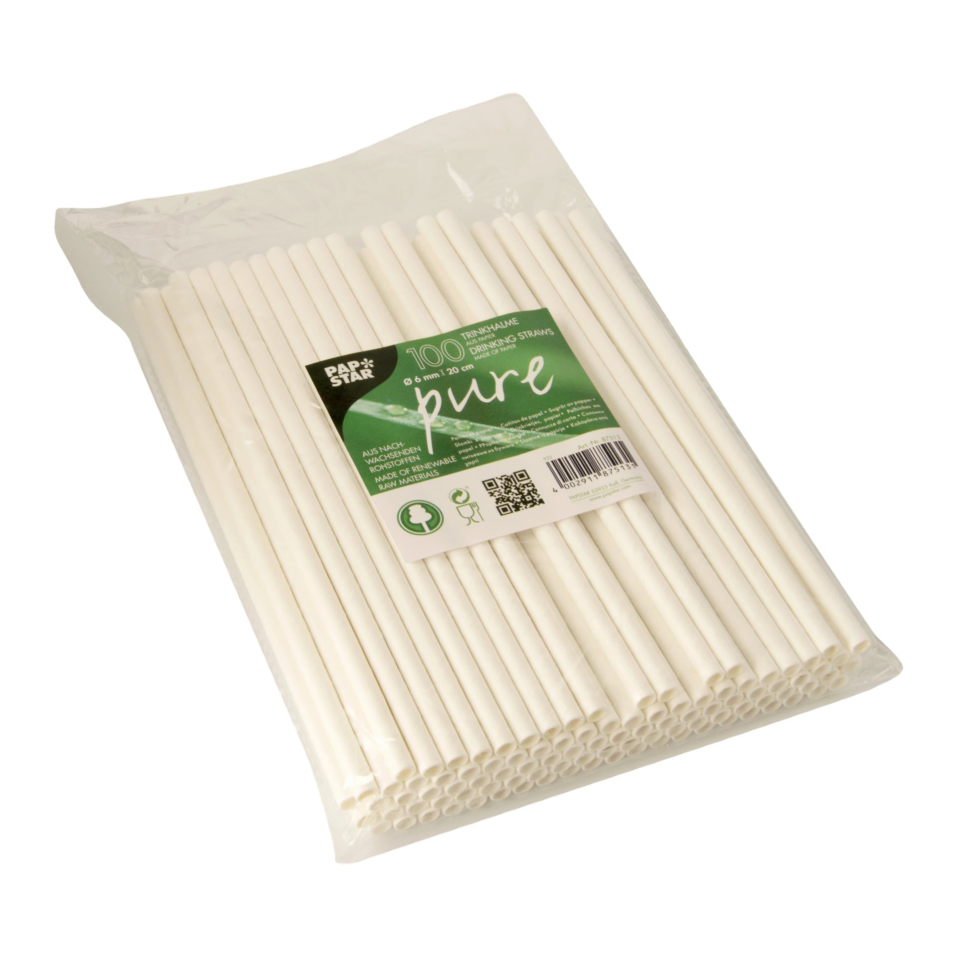 Ett genomskinligt plastpaket innehåller 100 vita biologiskt nedbrytbara papperssugrör från Papstar, ordnade i en prydlig hög. Den gröna etiketten visar Papstar-logotypen, miljövänliga ikoner och en QR-kod.