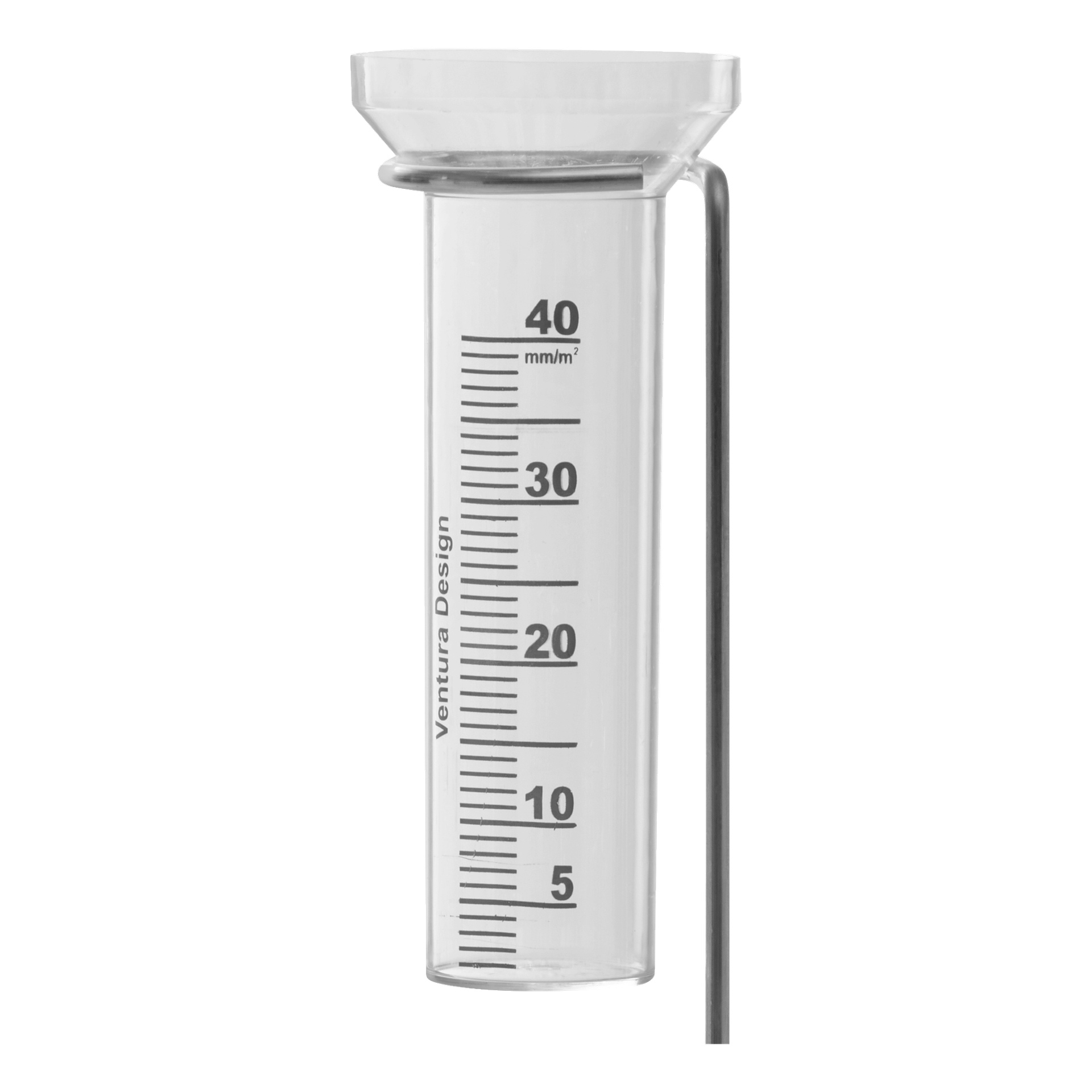 En transparent cylindrisk Hard Head regnmätare med mätmarkeringar från 5 till 40 mm/m² är placerad upprätt, stödd av ett metallfäste på höger sida.
