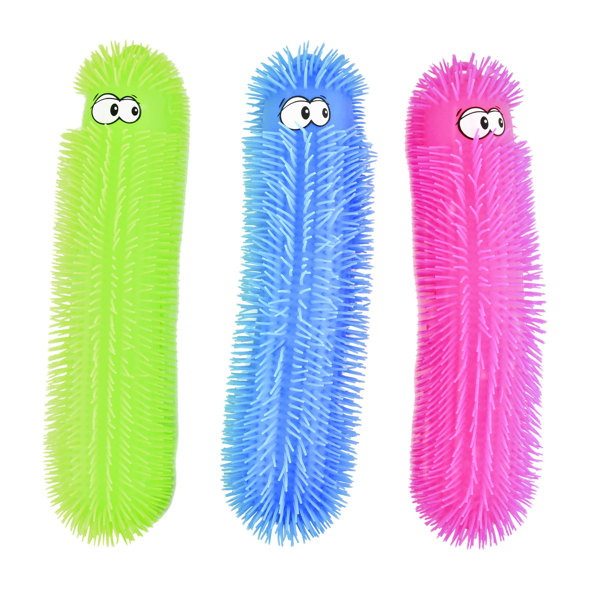 Tre höga, luddiga Caterpillar Puffer-leksaker från Robetoys—en grön, en blå och en rosa—står upprätt. Var och en har lekfulla, tecknade ögon som tittar åt olika håll och är täckta av mjuka, taggiga borst.