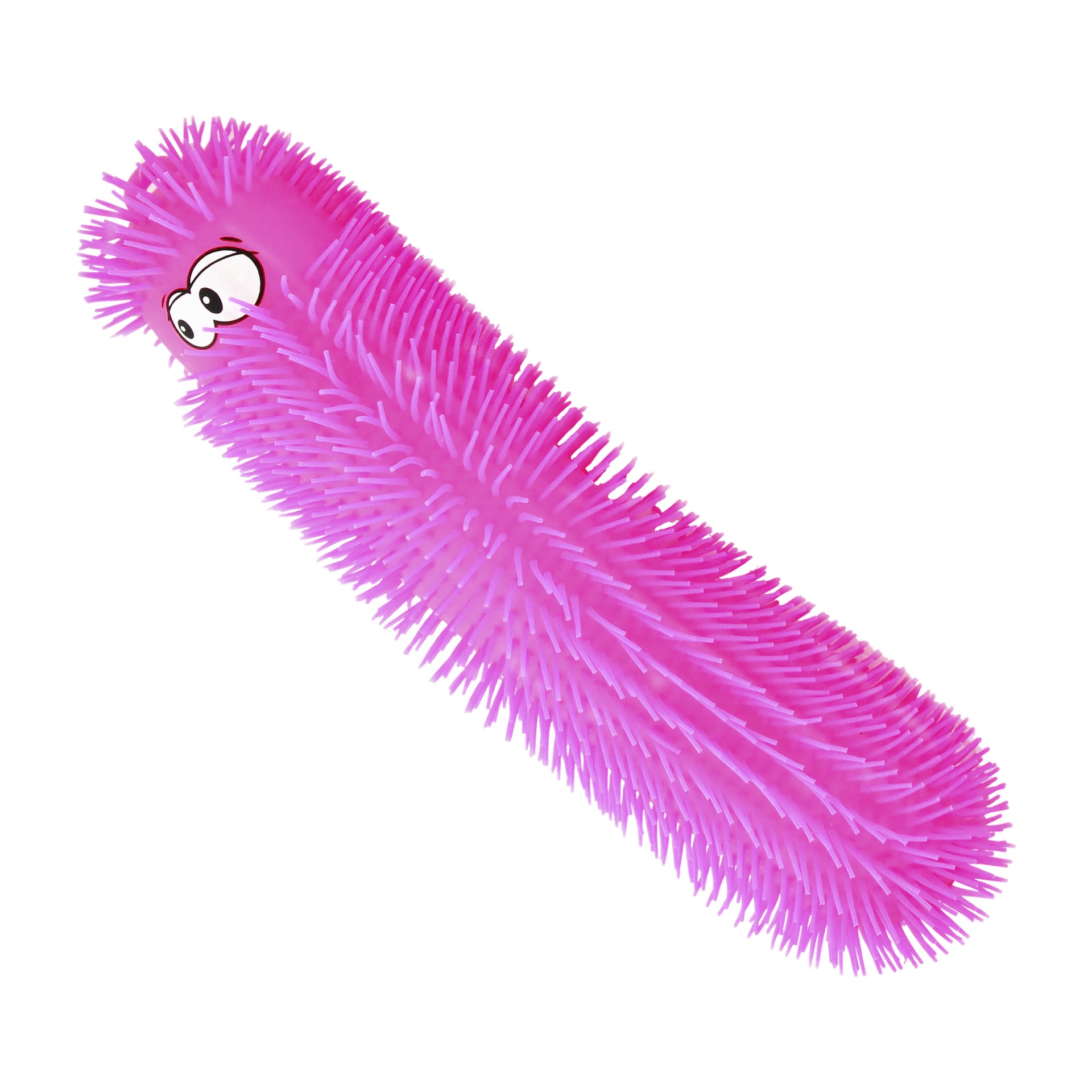 En rosa, lång Caterpillar Puffer-leksak från Robetoys med taggig gummistruktur, två stora tecknade ögon och ett förvånat uttryck i ena änden.