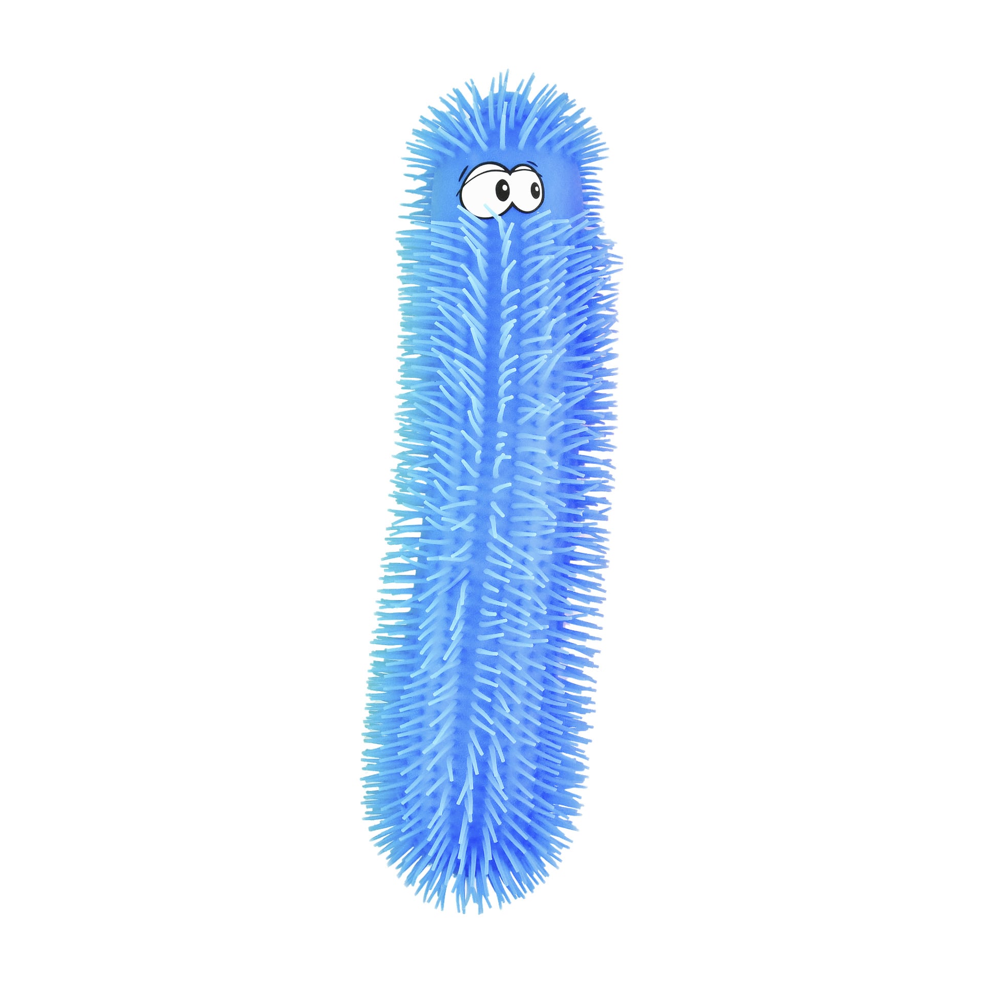 En Robetoys Caterpillar Puffer, en oval och hög blå leksak med flexibla borst och två tecknade ögon nära toppen, visas upp.