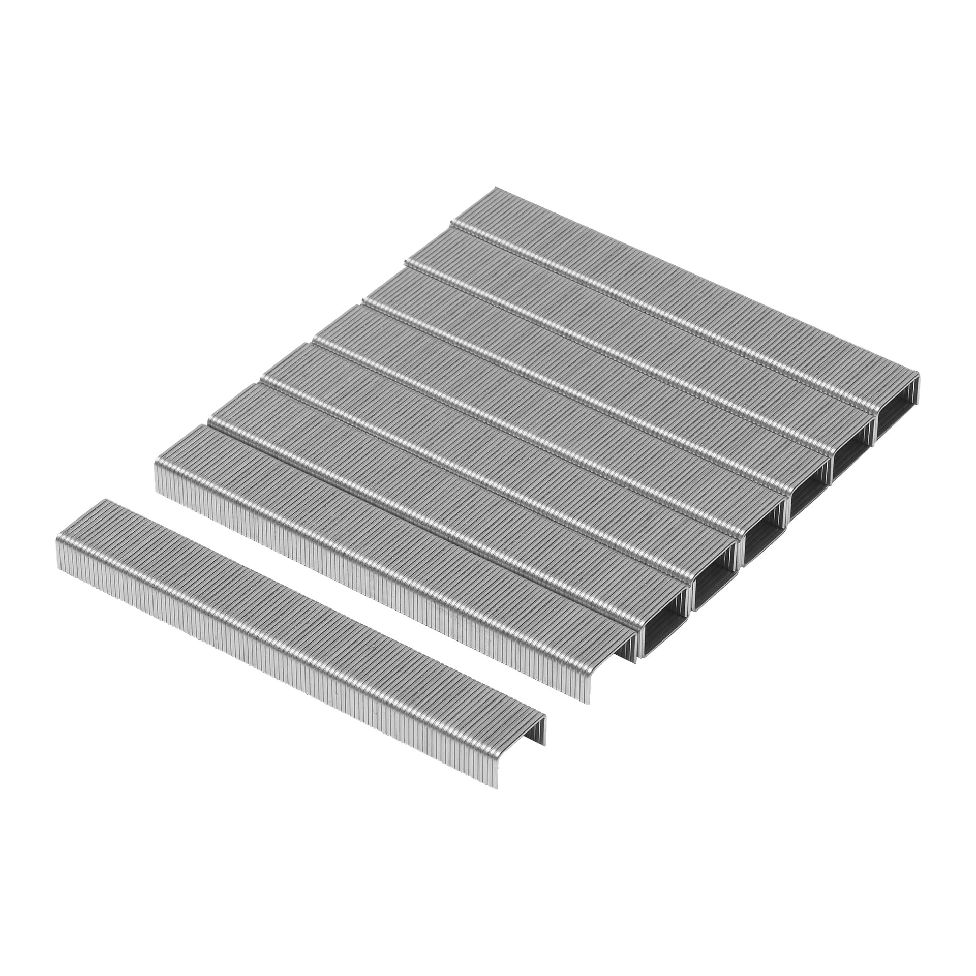 Flera rader med Meec Tools Staples (1250-pack) är prydligt organiserade i ett rutnät, med en rad placerad något åtskild från de andra.