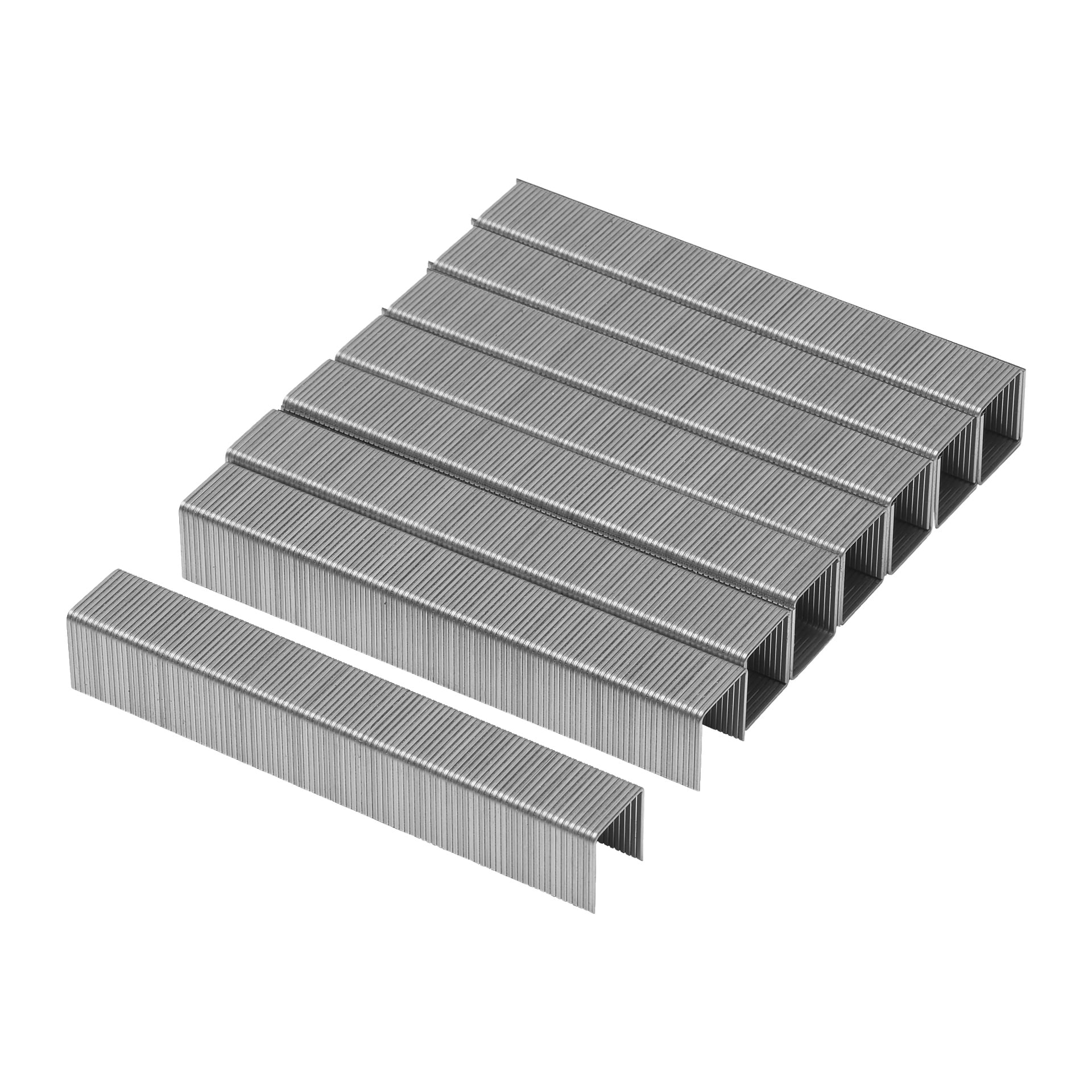 Tio rader Meec Tools Staples från en 1250-pack är prydligt arrangerade, med en rad något åtskild från de andra.