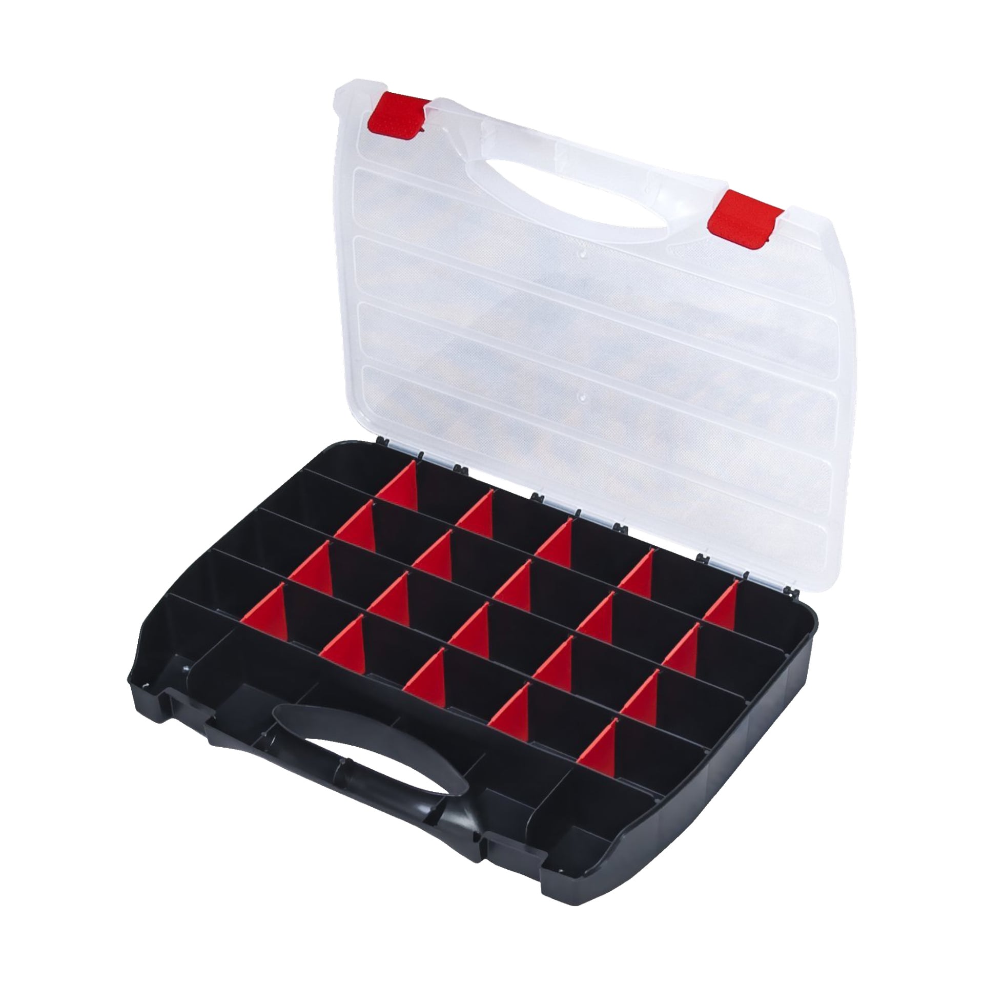 Eine offene Meec Tools Assortment-Box besteht aus schwarzem Kunststoff mit transparentem Deckel, roten Verschlüssen und mehreren Abschnitten, die durch rote Trenner getrennt sind.