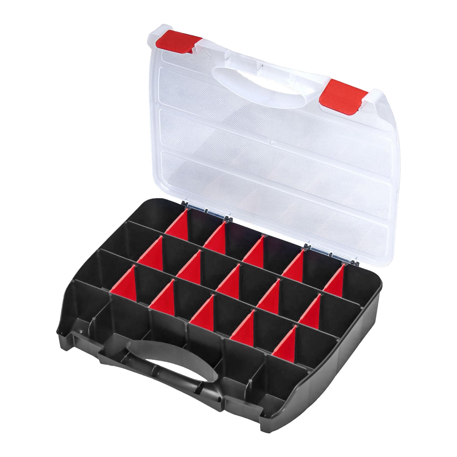En svart plast Meec Tools Assortment Box med gjennomsiktig lokk og røde låser, med 18 separate rom. Utstilt åpen og tom, passer den godt til sortering av utstyr, håndverksutstyr eller andre små gjenstander.