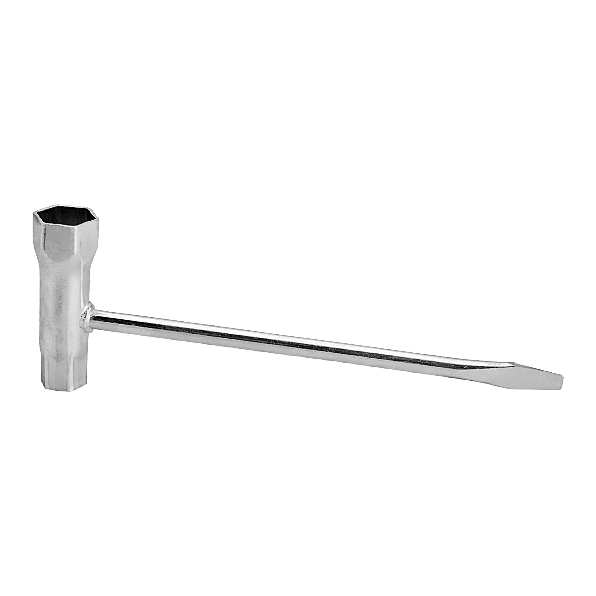 Combi-key: T-muotoinen metallinen jakoavain, jossa toisessa päässä on kuusikulmainen hylsy ja toisessa litteäteräinen ruuvimeisselin kärki.