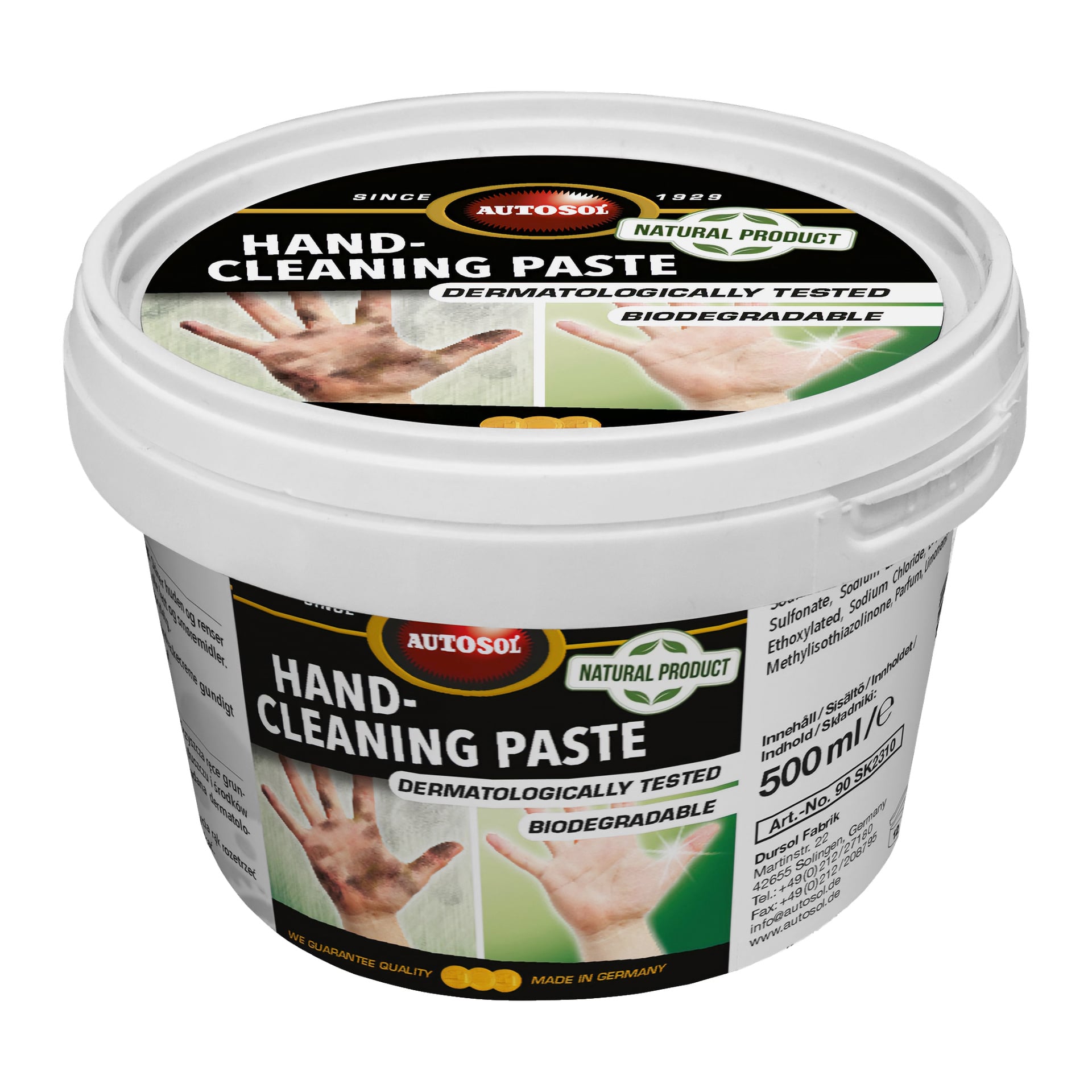 En 500 ml hvit boks med Autosol håndrengjøringspasta med en svart etikett som viser bilder av rene hender og fremhever at produktet er dermatologisk testet, biologisk nedbrytbart og produsert i Tyskland.