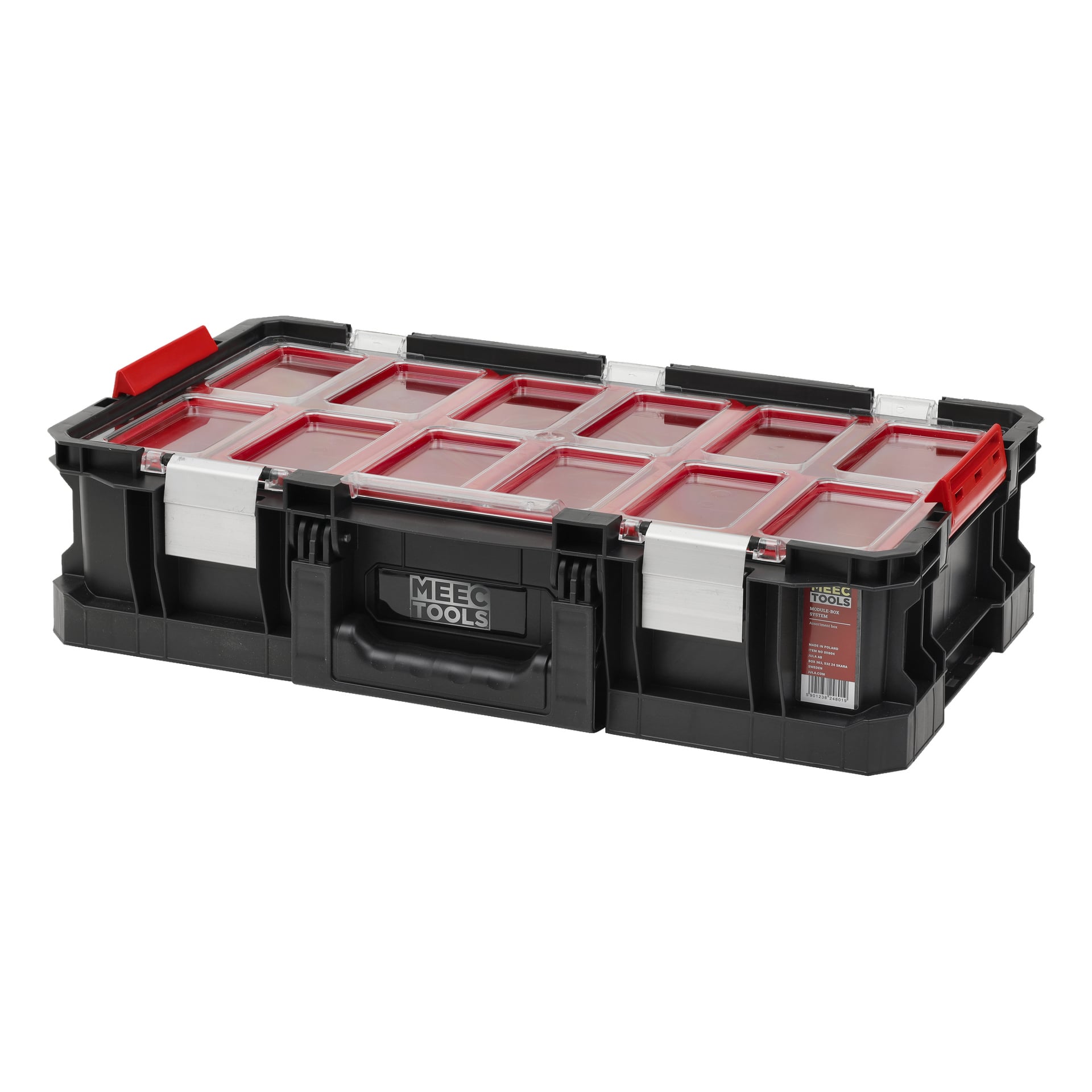 En plastlåda för Meec Tools Assortment i svart och rött, märkt som Module-Box System: I. Den har ett transparent lock, nio fack inuti, ett stadigt svart handtag med Meec Tools-loggan på framsidan och är säkrad med två metalllås.