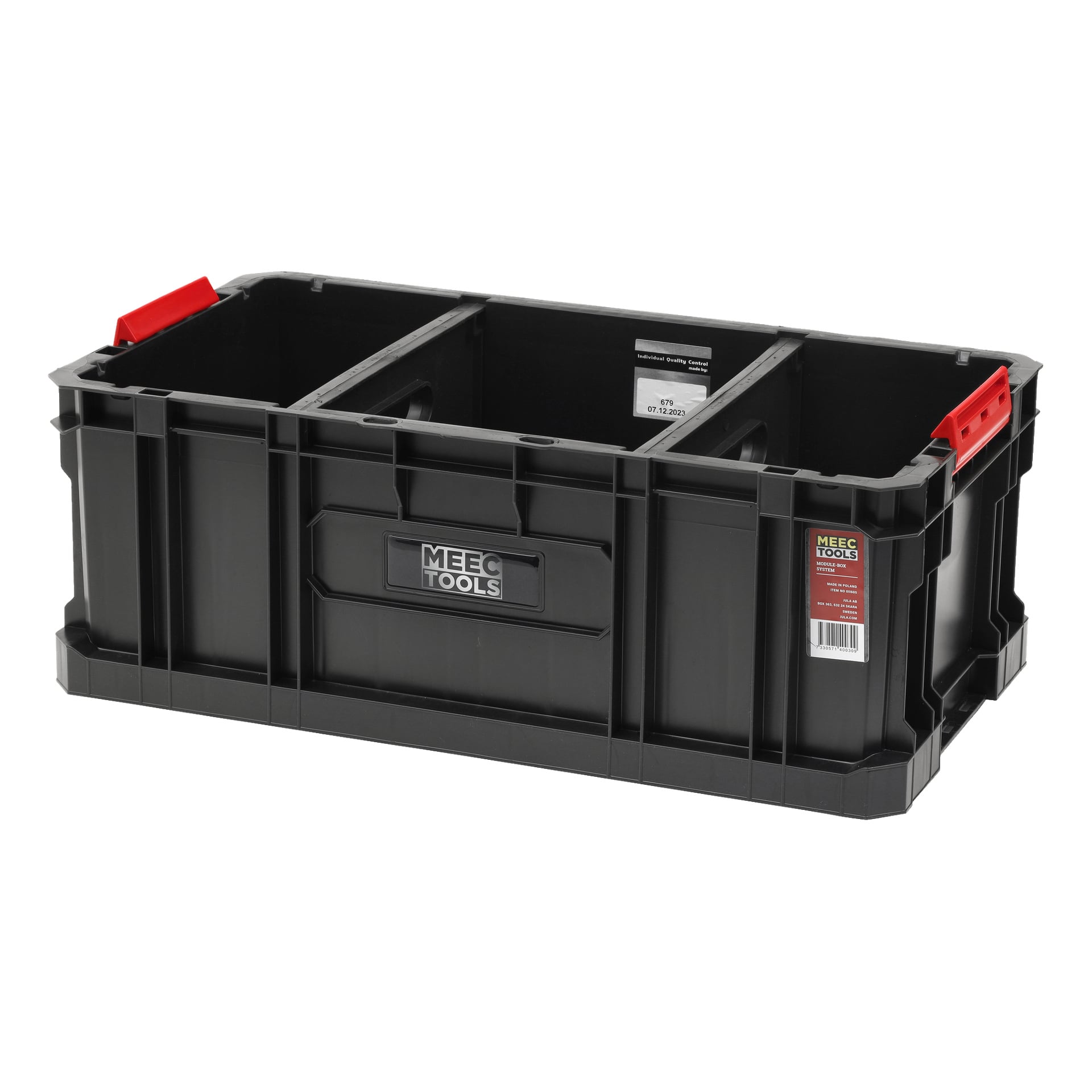 Meec Tools Tool Box Module-Box System: III, o kształcie prostokątnym, wyposażony jest w czerwone uchwyty i przegródki do sortowania. Widoczne oznaczenia widnieją na froncie i jest etykieta na boku; Idealne do układania lub przenoszenia narzędzi i sprzętu.