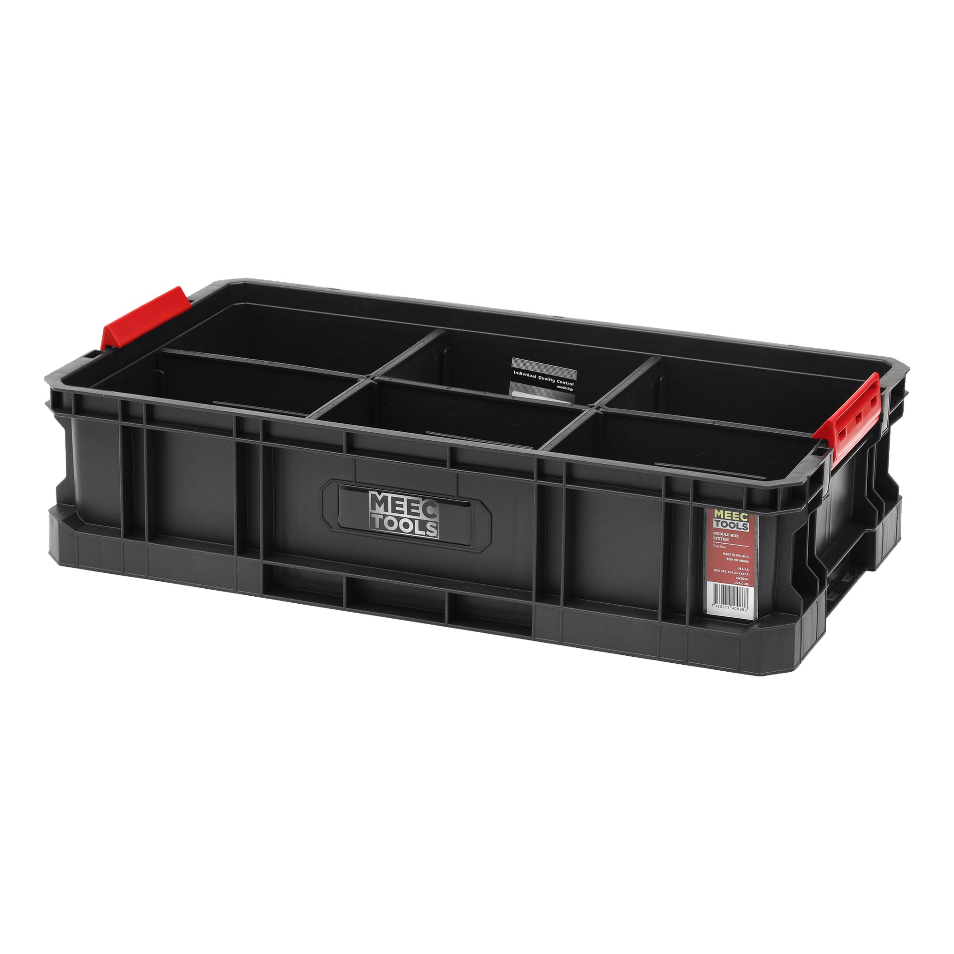 plastikowy Meec Tools Toolbox Module-Box System: II jest wystawiony pod kątem, pusty, z sześcioma przegródkami i dwoma czerwonymi uchwytami. Na przednim rogu widnieje etykieta produktu.