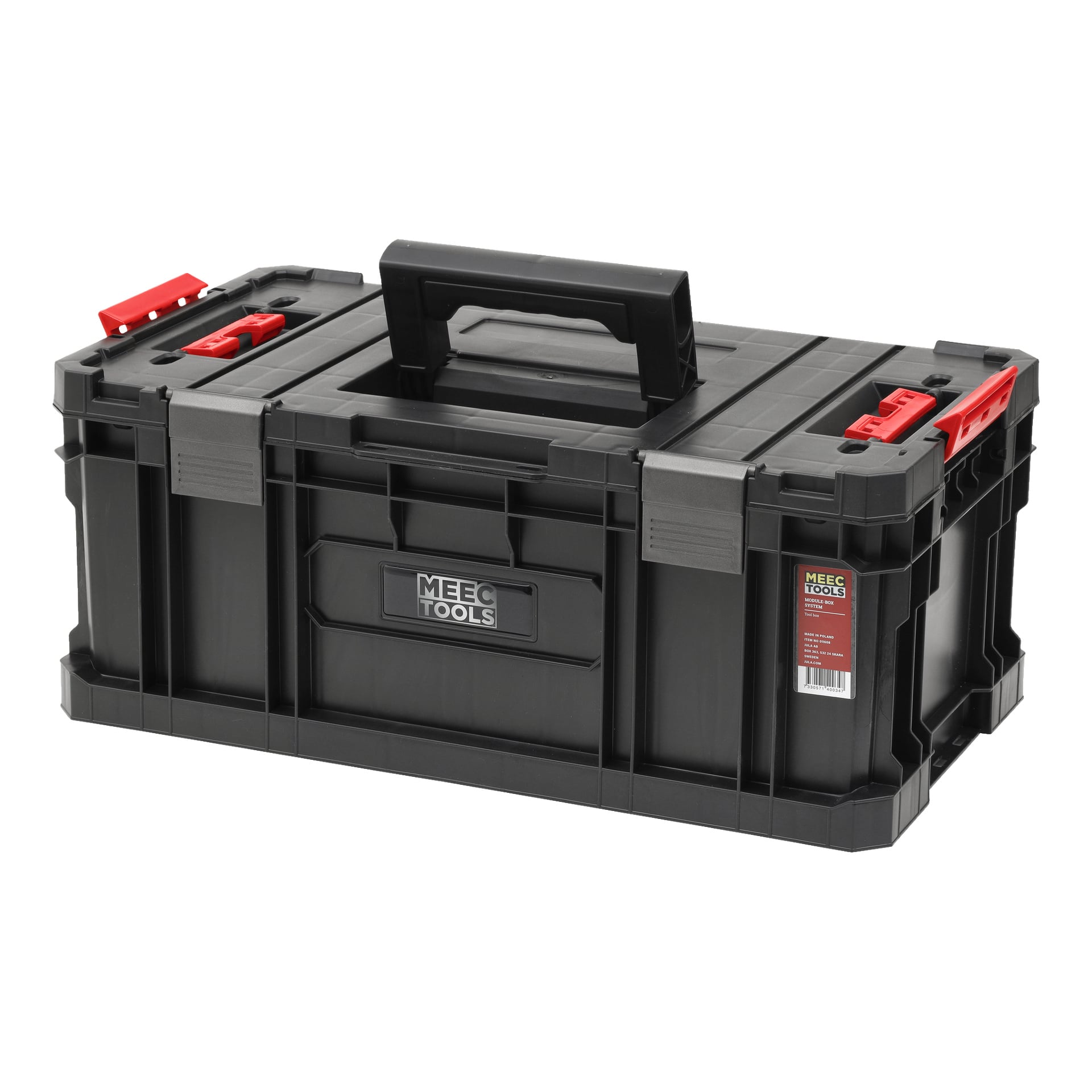 Ett svart plast Meec Tools Module-Box System: IV-verktygslåda med röda lås och ett stadigt centralt handtag. Den stängda lådan visar Meec Tools-etiketten på framsidan och en produktetikett på sidan.