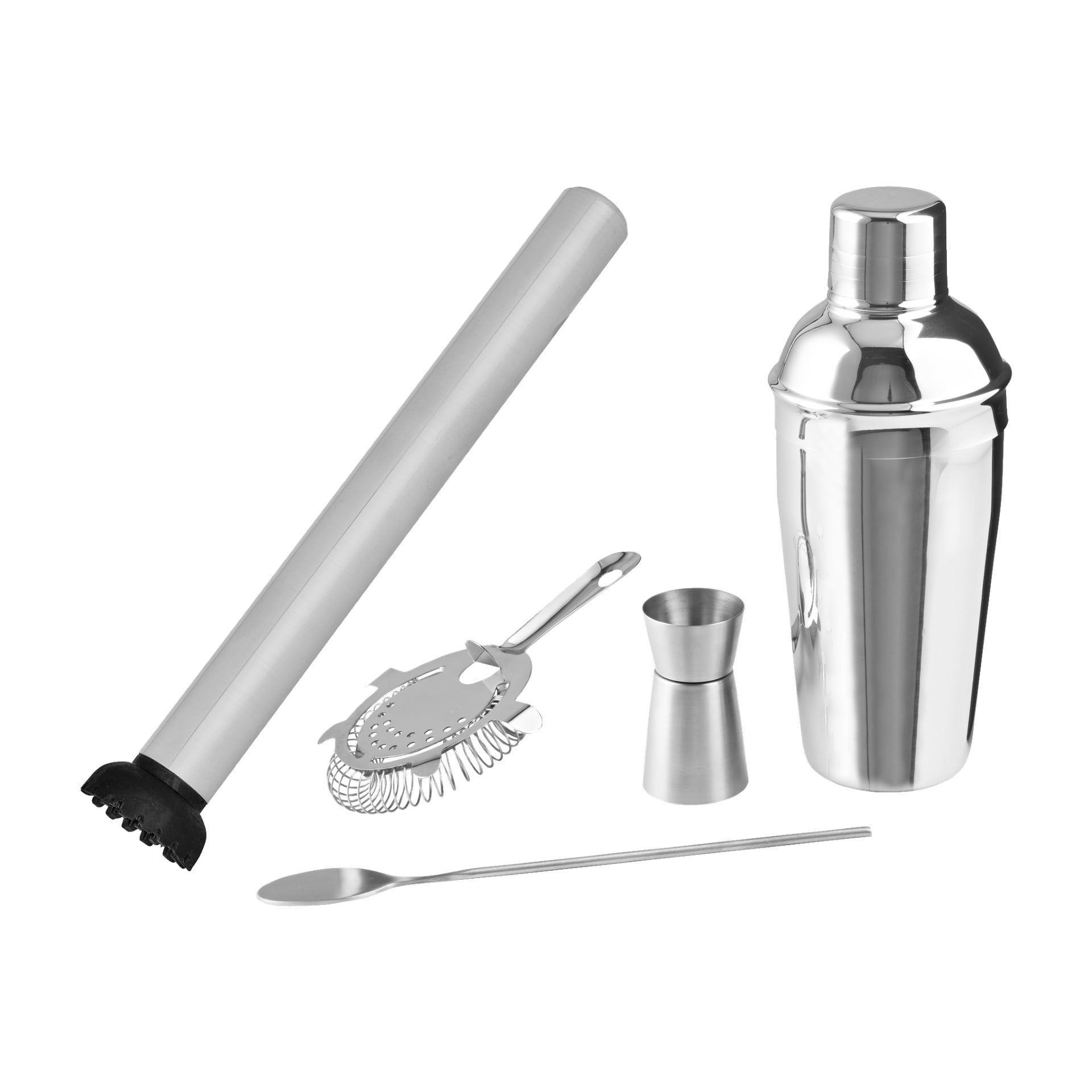 Menuett Drinks-sett med 5 deler inkluderer en muddler i rustfritt stål, sil, jigger, cocktailshaker og langskaftet mikseskje, alt organisert i en ryddig utforming.