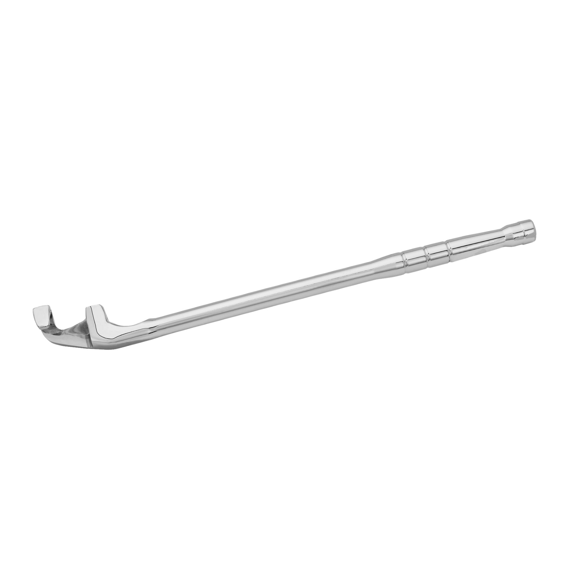 Przedłużenie klucza Meec Tools z polerowaną metalową powierzchnią i otwartym, nacięciowym kształtem, zaprojektowane do regulacji nakrętek kół samochodowych.