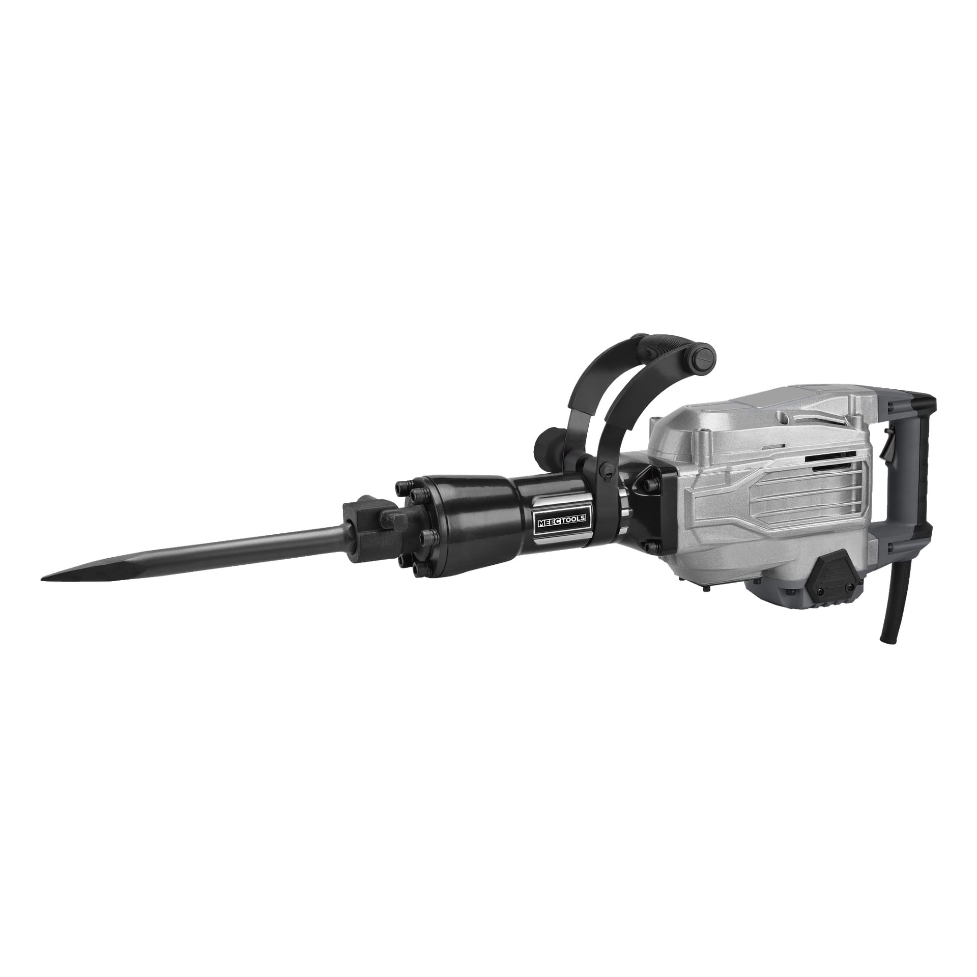 Srebrno-elektryczny młotek JH-W WORK 700 nieobrotowy firmy Meec Tools z ostrym dłutem i górną rączką.