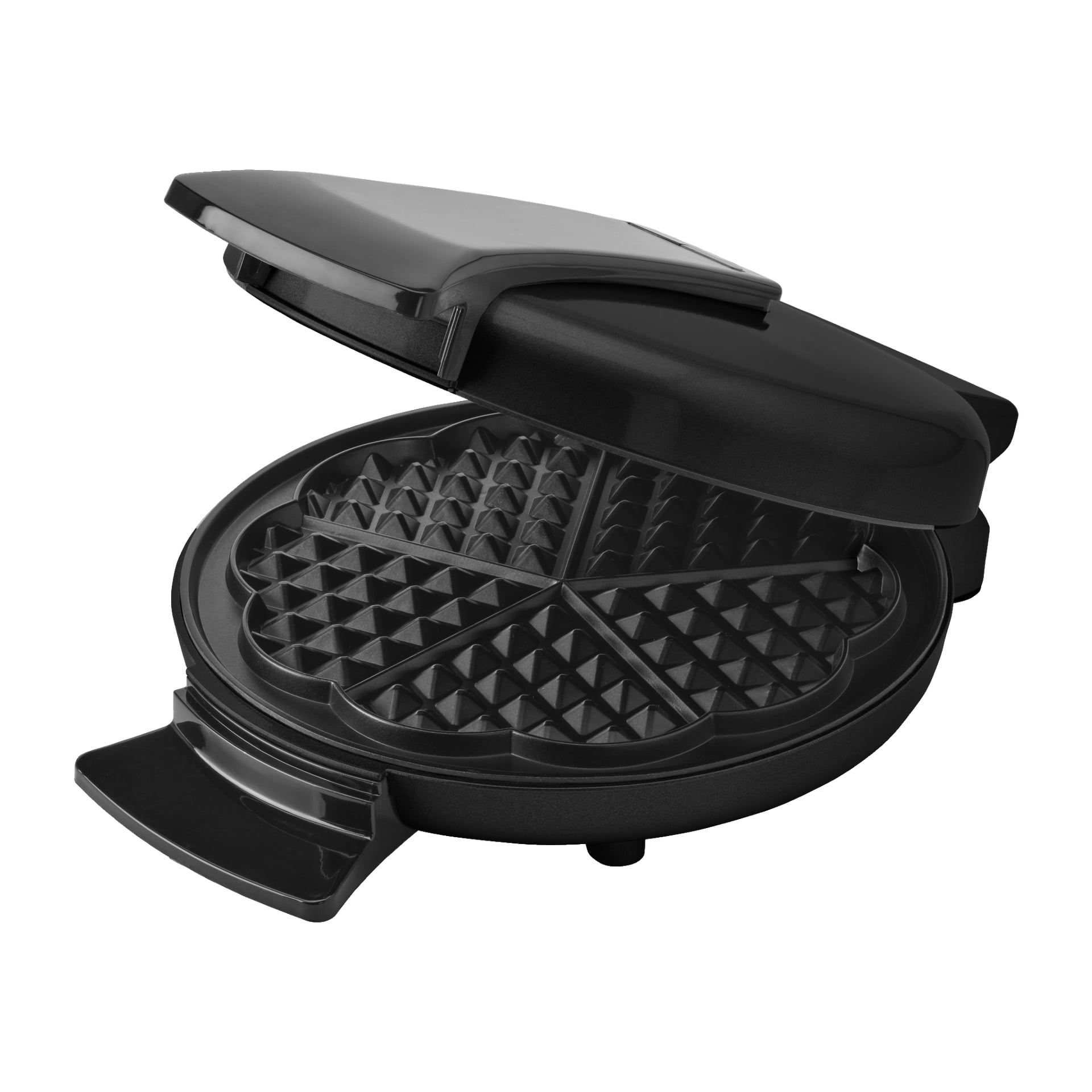 Ett rent Menuett-våffeljärn med öppet lock visar sin cirkulära non-stick-våffelplatta, som är indelad i fem hjärtformade sektioner. Den eleganta svarta elektriska apparaten är tom och redo att användas.