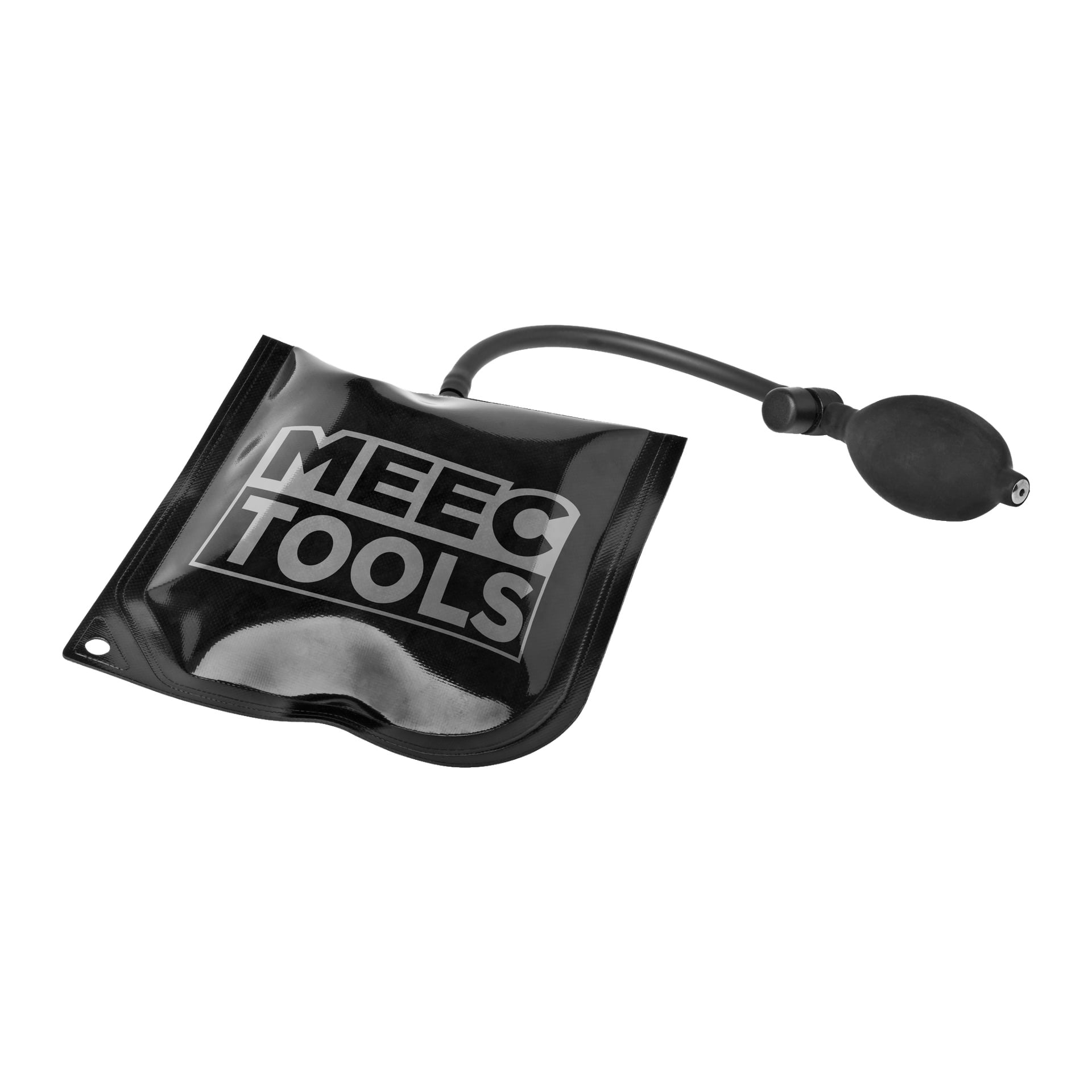 En svart Meec Tools monteringsplatta med en uppblåsbar kildesign, med en gummibulb och slang som används för att lyfta eller justera föremål under installation eller reparation.