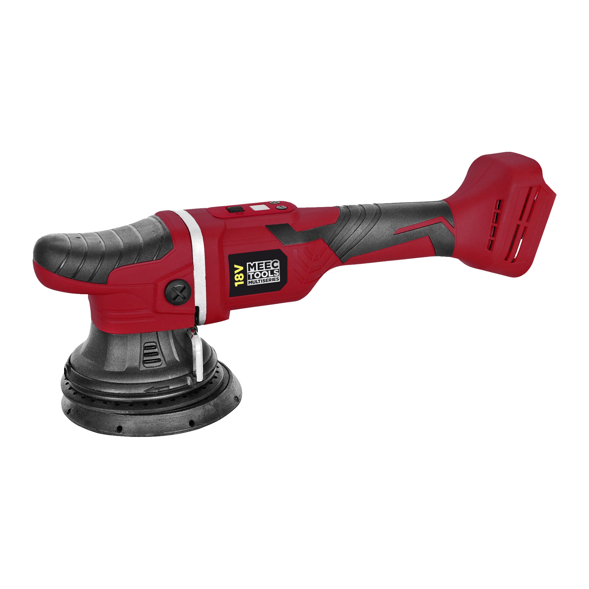 Meec Tools Multiseries PO-18V HOME 500 oscylujący maszyna do polerowania, bezprzewodowa w czerwono-czarnej kolorystyce, ergonomiczna rączka, oznaczenia 18V, logo Meec Tools Multiseries oraz okrągła podkładka ścierna u podstawy. Narzędzie jest prezentowane samodzielnie.