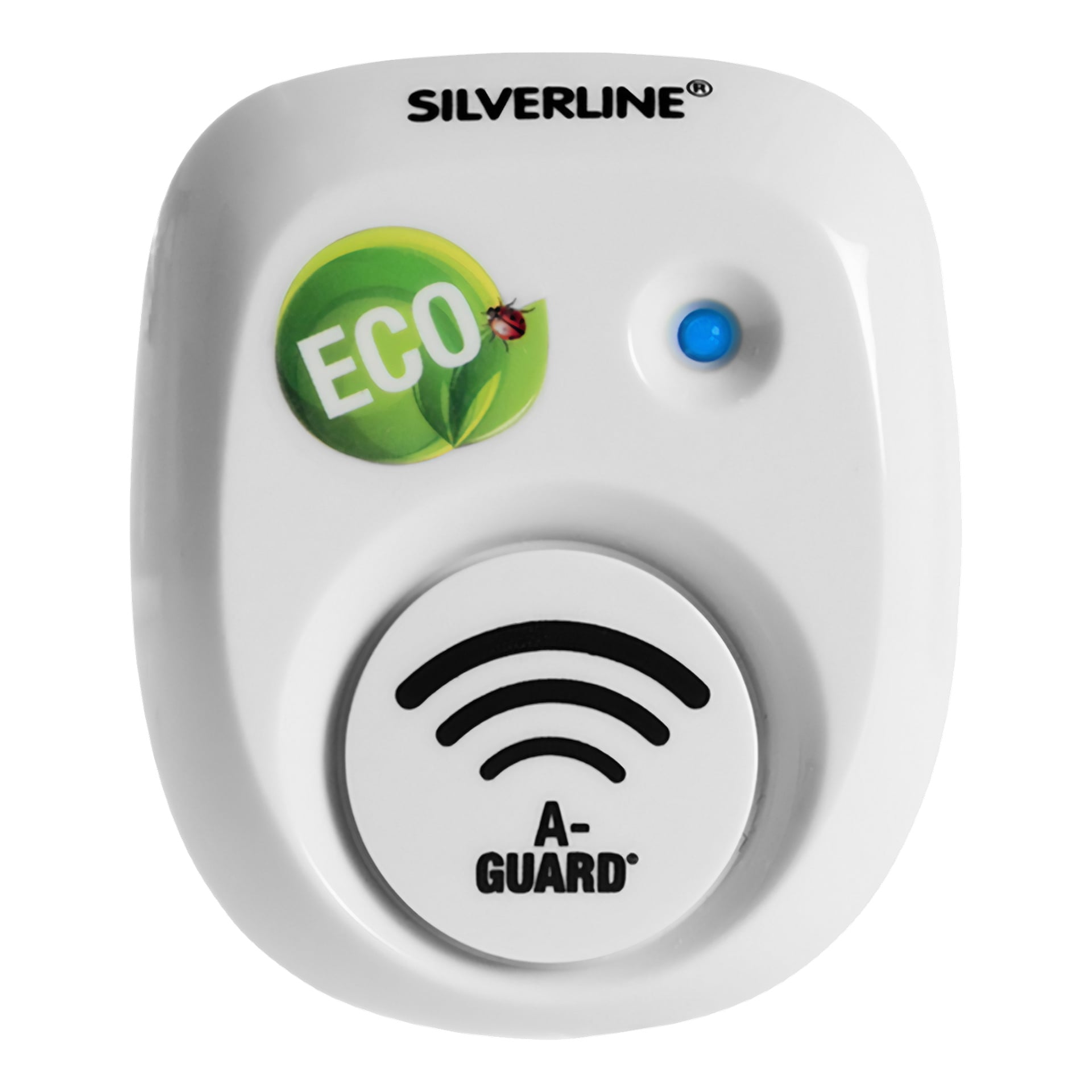 En Silverline Spider skrämare S30 elektronisk enhet med ECO- och A-GUARD-etiketter, ett runt högtalargaller och en liten blå indikatorlampa.