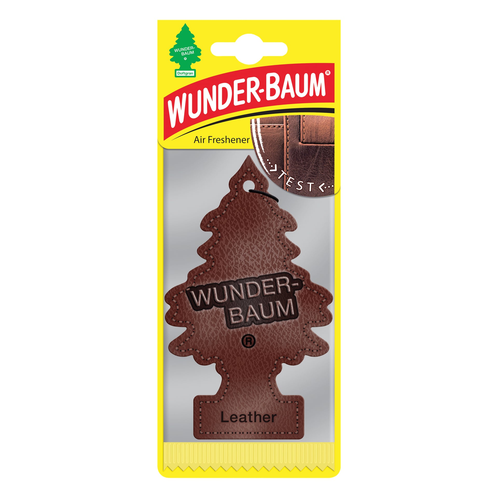 En Wunder Baum-billuftfräschare i trädform, utformad för att se ut som brunt läder, med "Wunder Baum" och "Leather" tryckta på. Paketet har en gul rubrik.