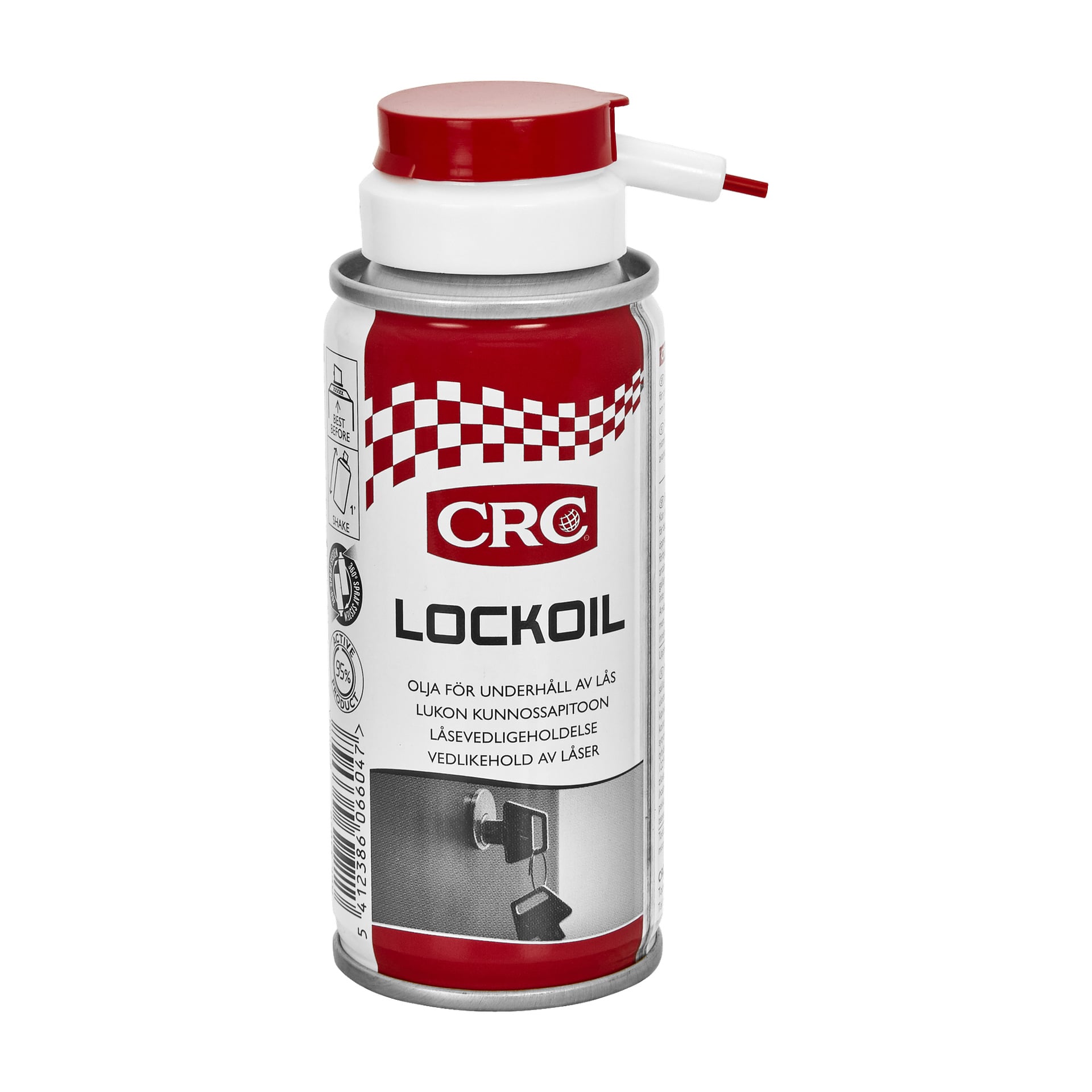 En röd och vit CRC Lock oljesprayburk med ett precisionssugrör fäst, produktdetaljer på etiketten och en bild på en nyckel som går in i ett lås.