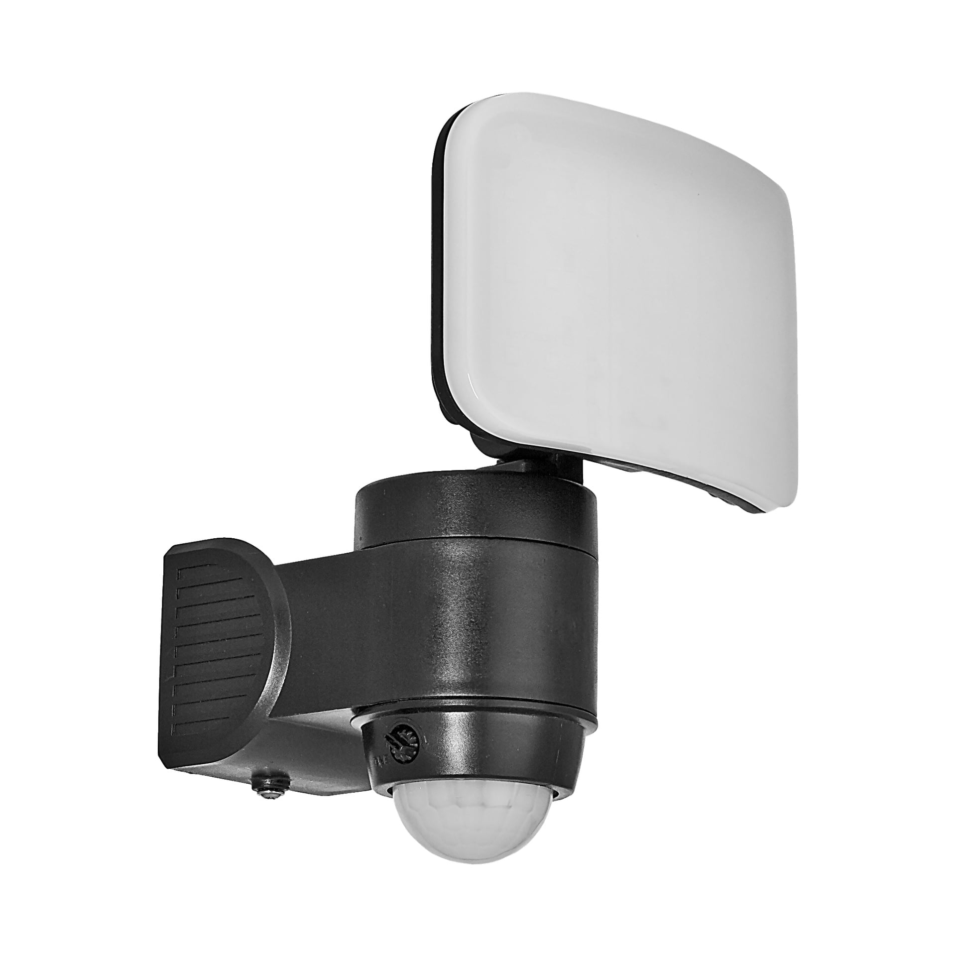 Anslut-lampen har en svart veggmontert base og en justerbar rektangulær hvit LED-lampe, med en sirkulær bevegelsessensor plassert nederst.