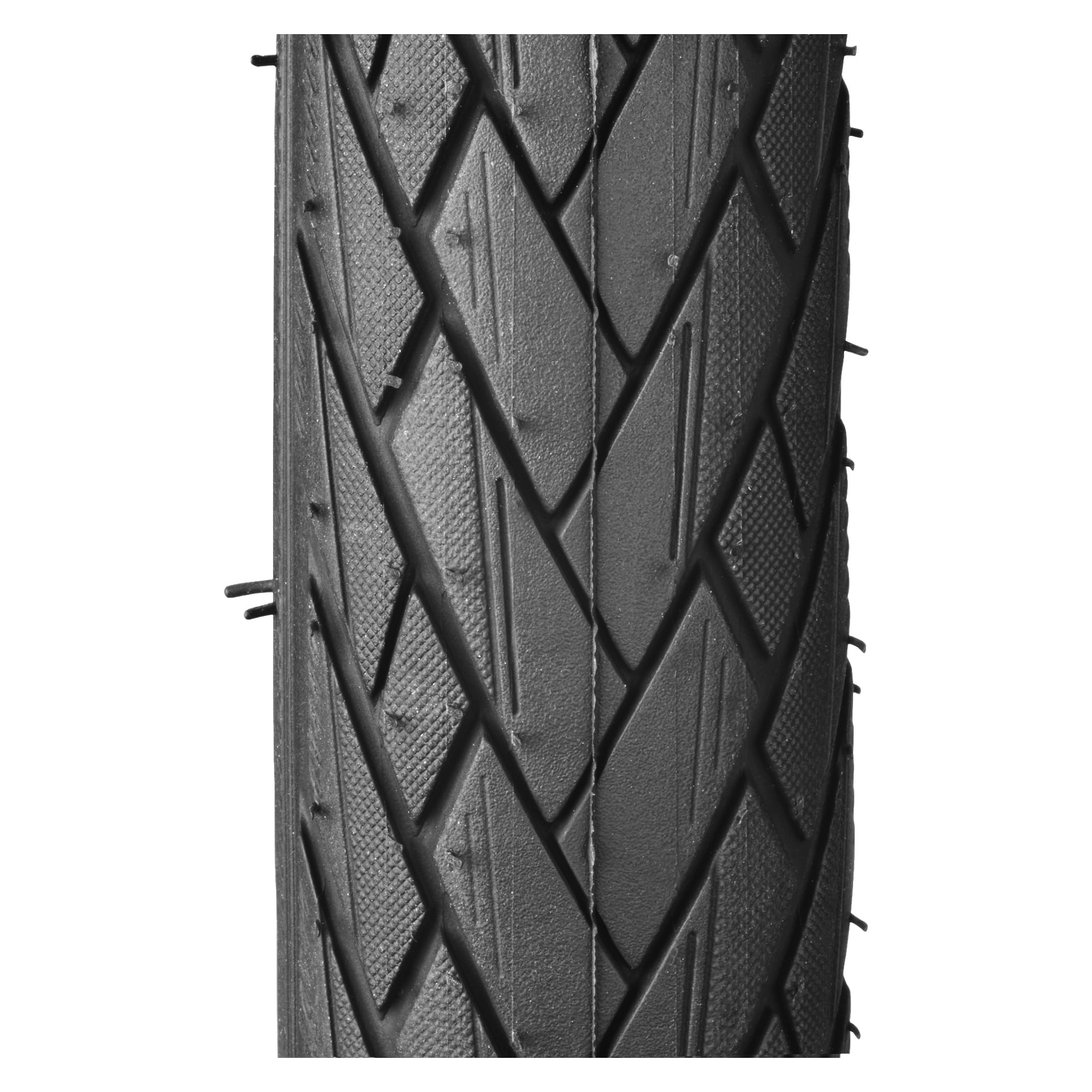 Närbild av ett svart Kayoba Bike-däck visas vertikalt, där dess texturerade mönster visas med tydliga diagonala och diamantformade spår.