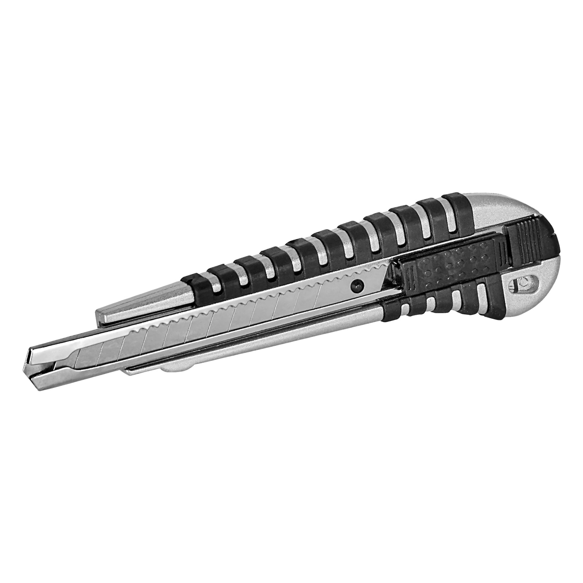 Meec Toolsin napsautettava teräveitsi, jossa on metallirunko ja musta uritettu kahva.
