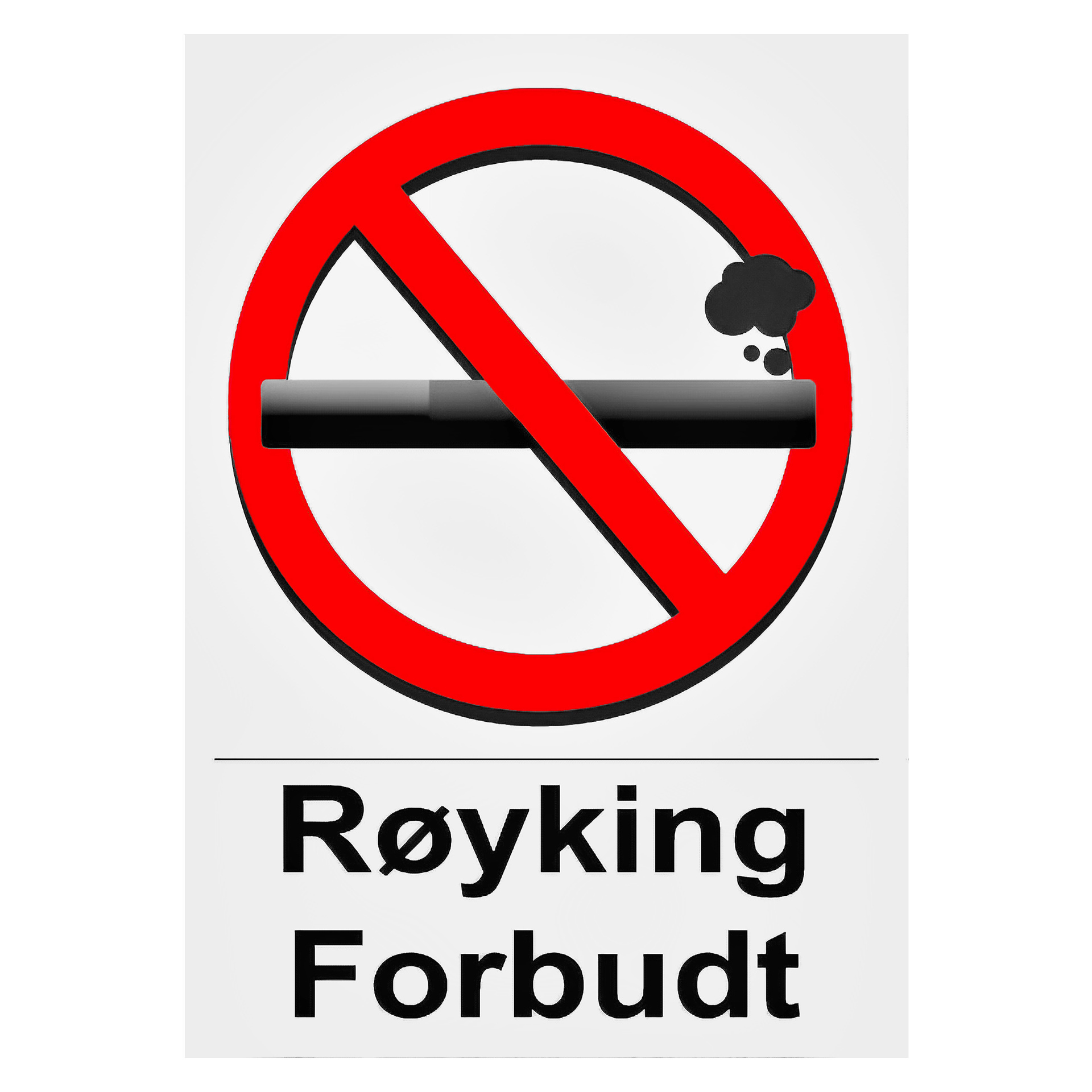 Dekalstajling-skiltet har en sigarett krysset ut med en rød sirkel og linje, med teksten "Røyking forbudt" trykt under.