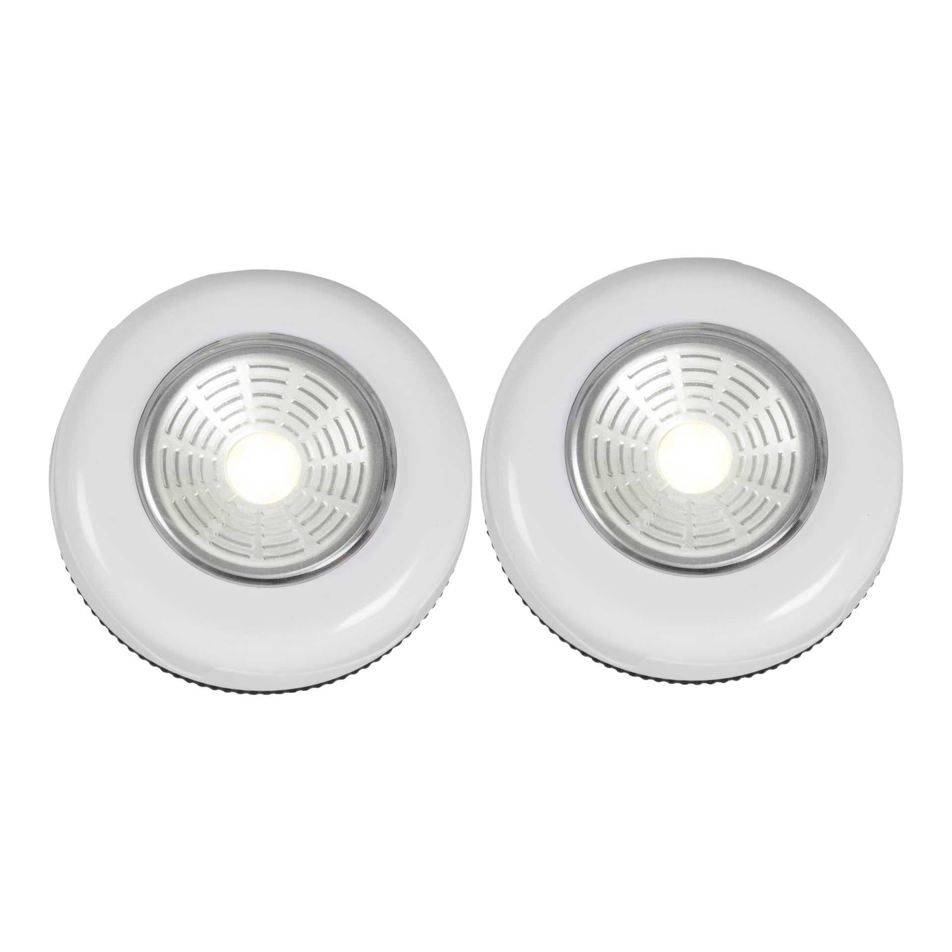 Två runda, vita Anslut Wardrobe Lamp LED-lampor (2-pack) placeras bredvid varandra, båda ger ifrån sig ett starkt centralt sken omgivet av en silverreflektorring och visar ett räfflat mönster runt lampan.