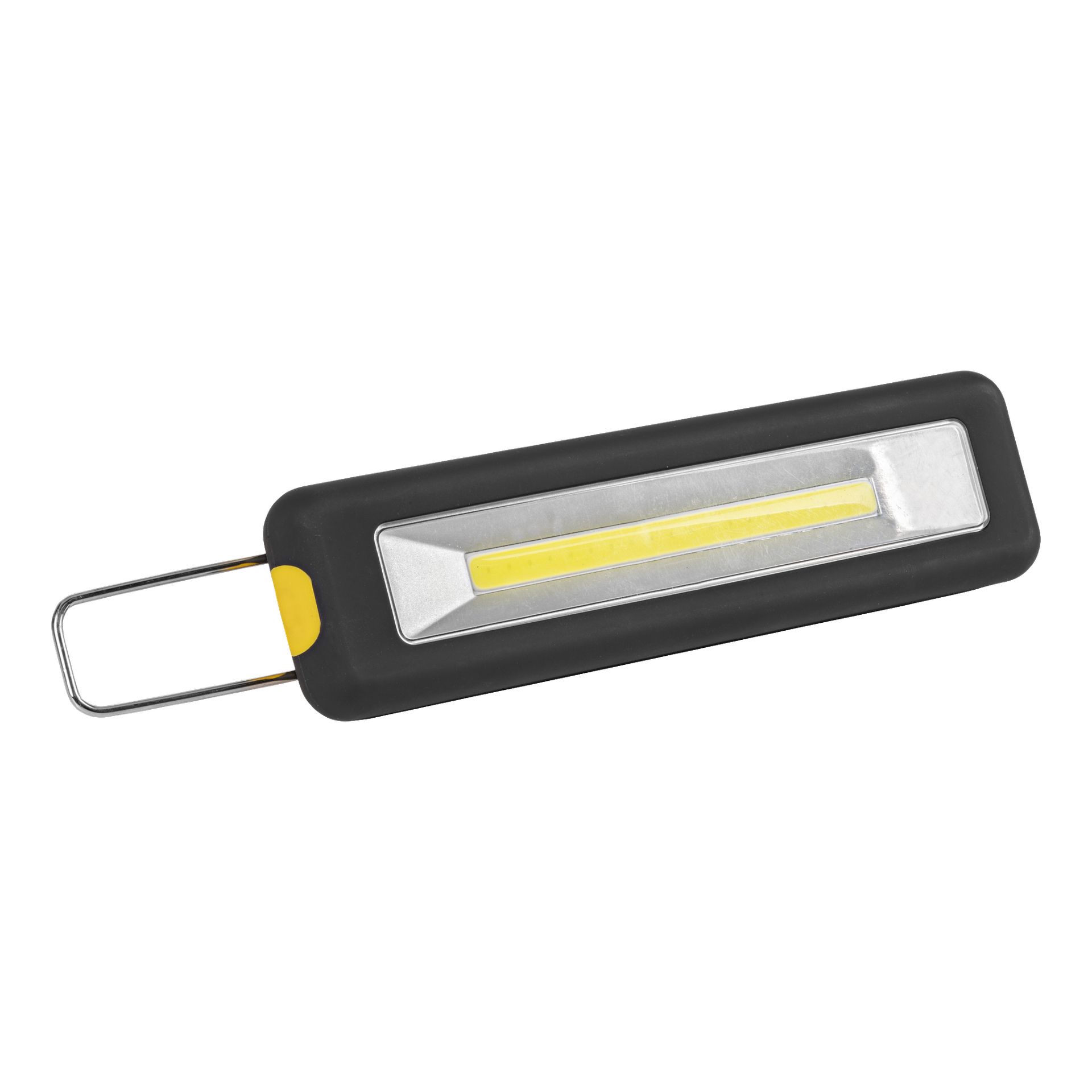 Prostokątna przenośna lampa robocza LED z srebrnym reflektorem, żółtym paskiem środkowym i metalową rączką z jednej strony.
