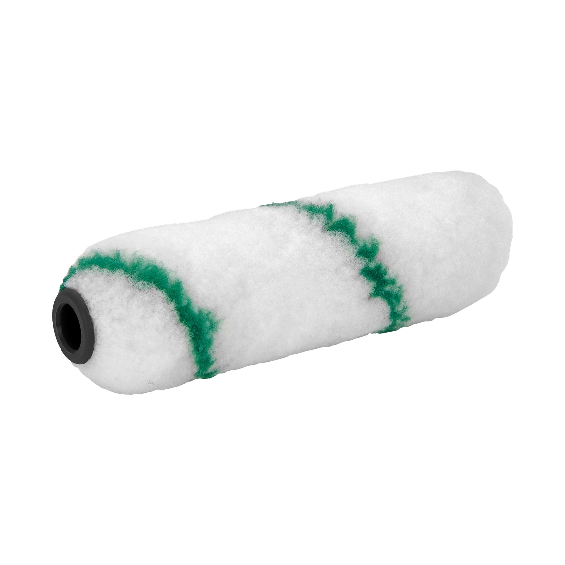 Anza Mini-roller medium smooth Elite har ett fluffigt vitt lock med två gröna diagonala ränder och en svart plastkärna.