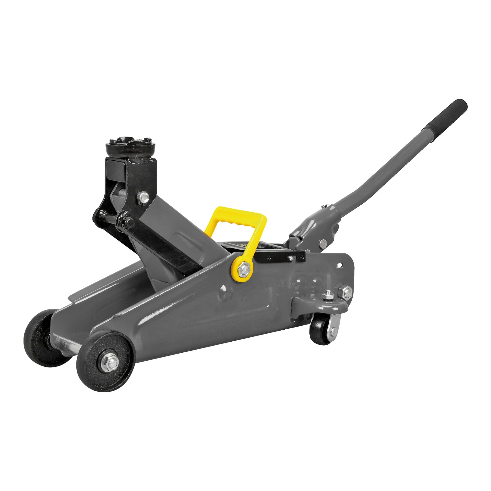 En kompakt grå Meec Tools-domkraft med gult handtag, en lång svart spak och fyra hjul för enkel rörelse.