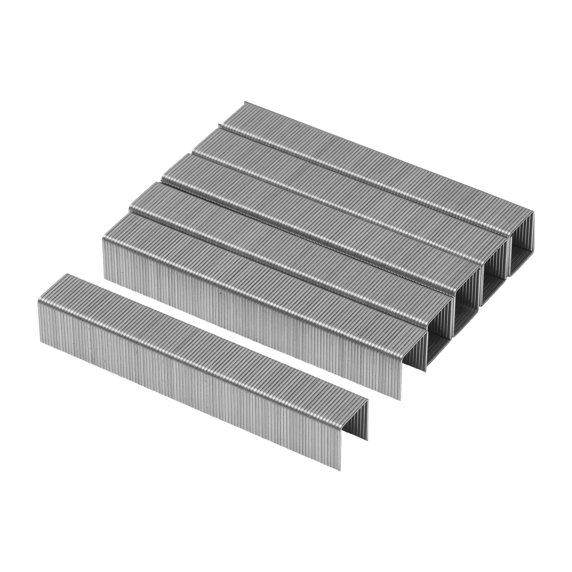 Pokazano pakiet Meec Tools Staples 1000, z równie schludnymi rzędami nieużywanych srebrnych zszywek, z jednym rzędem oddzielonym od reszty.