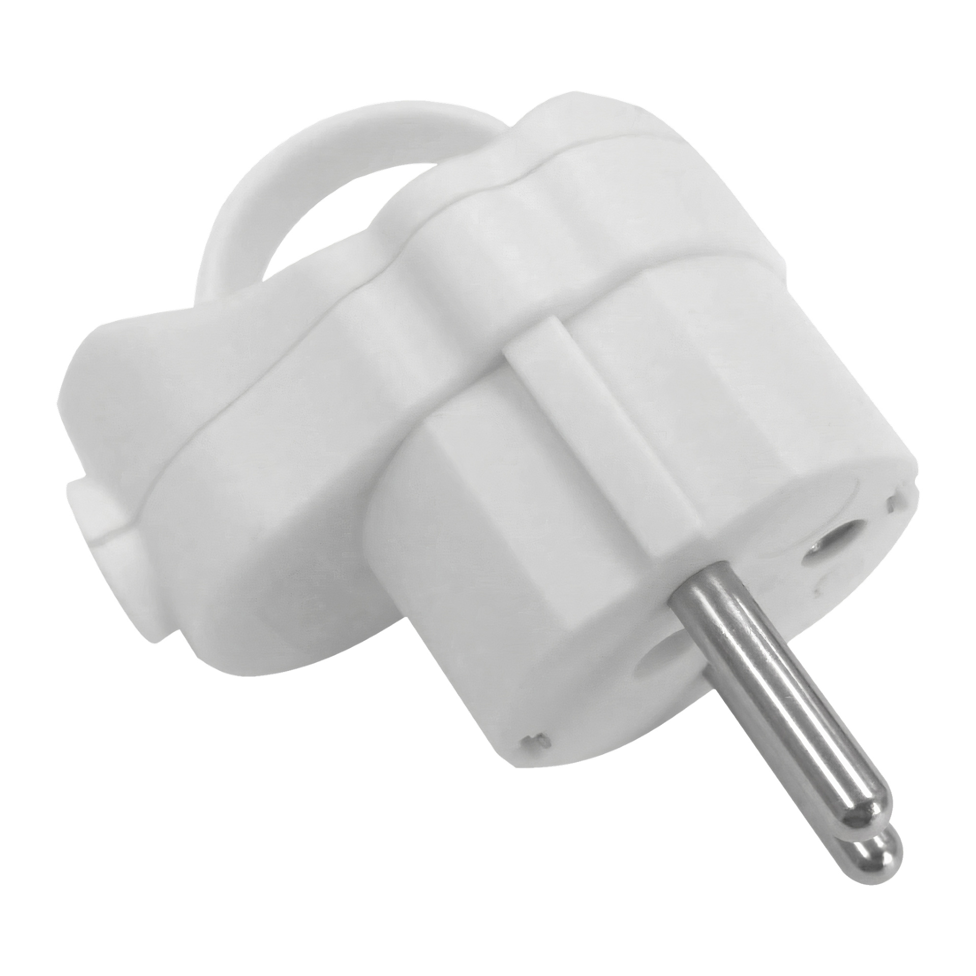 Biały europejski adapter Duwi Plug o okrągłym kształcie, zintegrowanym pinie uziemiającym i uchwytie pętli na górze jest ustawiony pod kątem. Na jednej stronie widnieją dwa otwory na kolce.