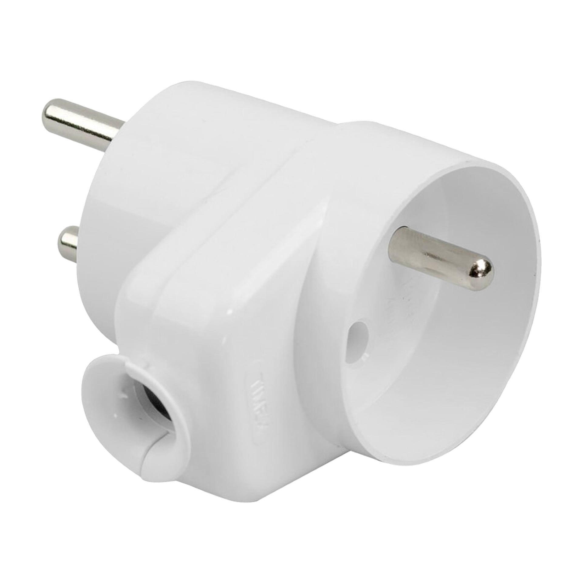 Biały adapter elektryczny Duwi Plug z dwoma okrągłymi bolcami i jednym okrągłym gniazdkiem, przeznaczony do przerabiania lub wydłużania gniazdka elektrycznego.