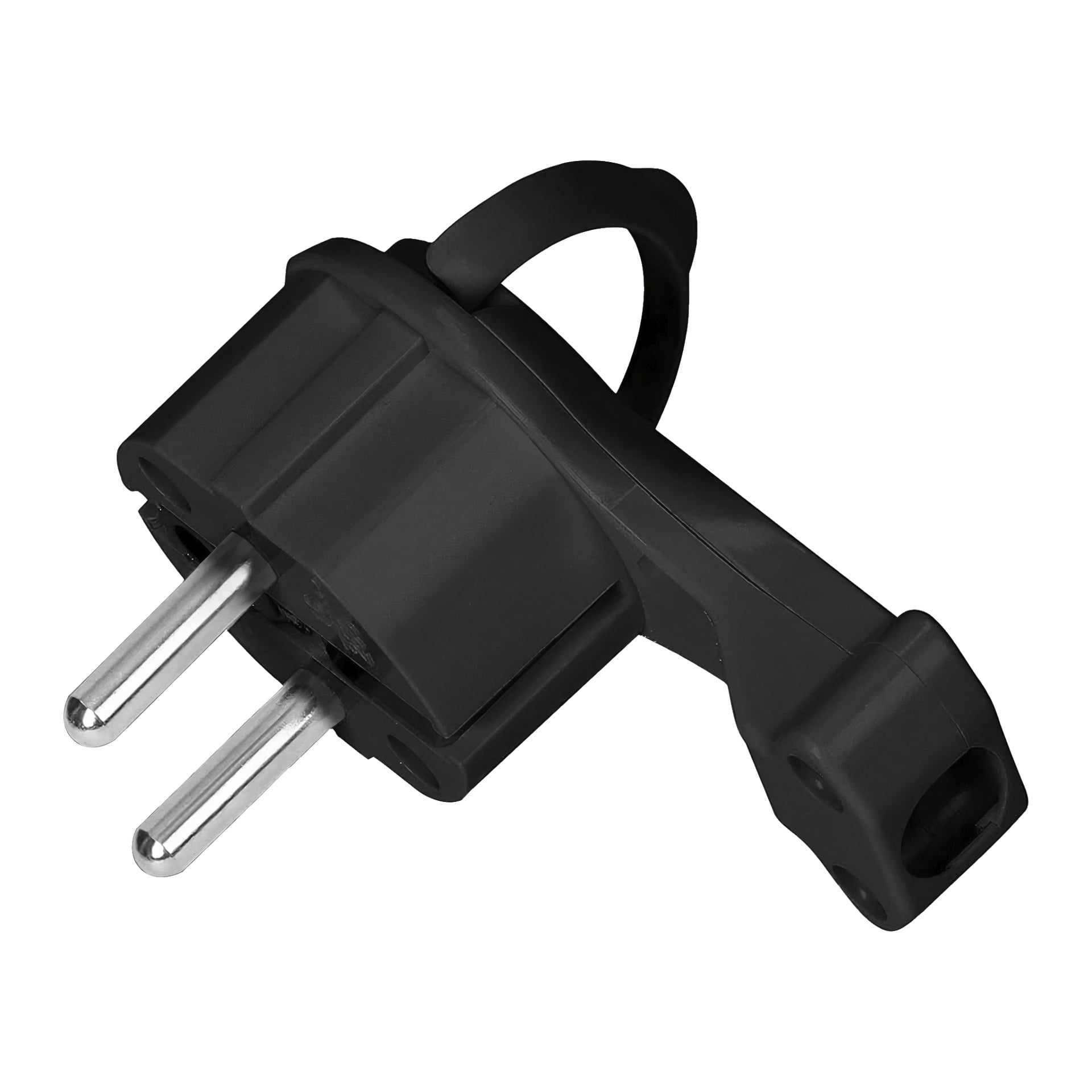 Szczegółowy widok Duwi Plug pokazujący jego dwa okrągłe metalowe bolce i boczną pętlową rączkę.