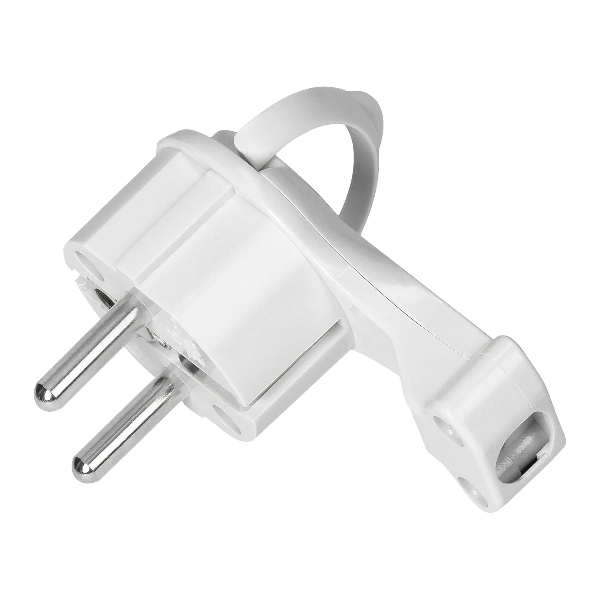 Duwi Plug to biały adapter elektryczny z dwoma okrągłymi bolcami i łukowatym uchwytem na górze. Na przeciwległym końcu jest gniazdko do podłączenia innego urządzenia.