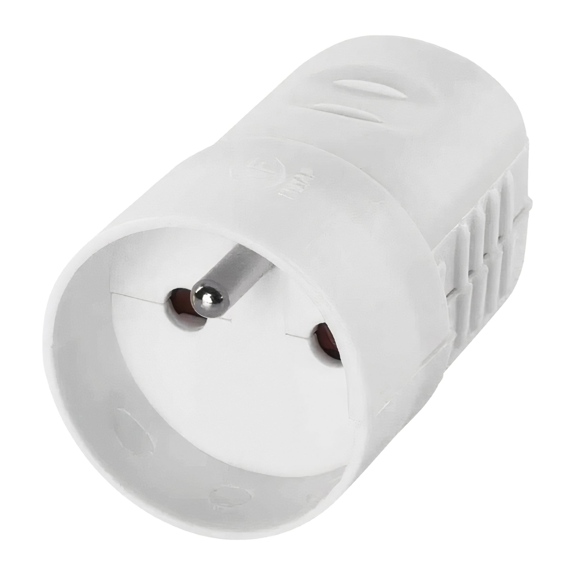 Zbliżenie na gniazdo Duwi Extension, biały europejski adapter wtyczki z dwoma okrągłymi metalowymi bolcami i cylindryczną plastikową obudowę.
