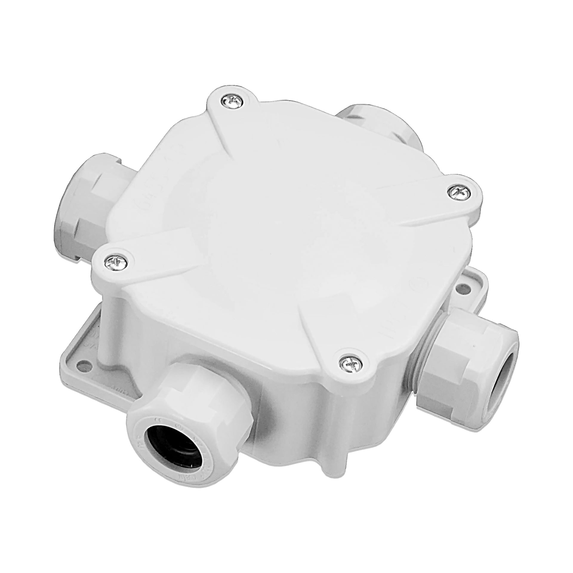 Biała plastikowa puszka Duwi Switchbox z czterema gniazdkami przewodowymi i pokrywą zabezpieczoną śrubami, odpowiednia do montażu powierzchniowego chroniąca połączenia elektryczne.