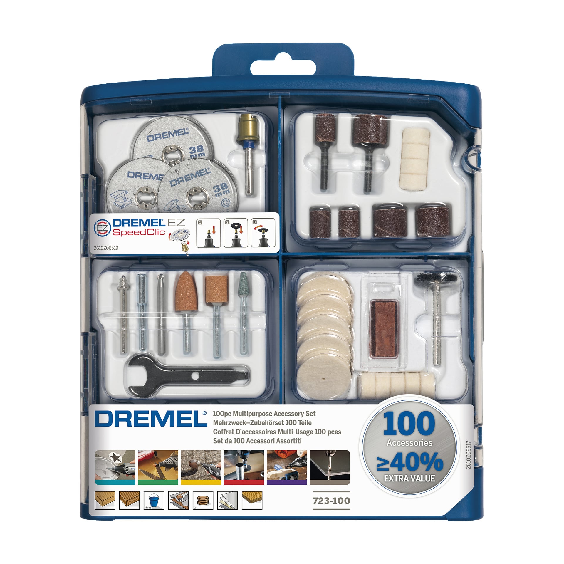 Dremel-slip-/gravörset 723 visas i ett blått plastfodral, innehållande 100 olika delar inklusive skivor, sliptrummor, slipstenar och poleringshjul prydligt arrangerade i särskilda fack.