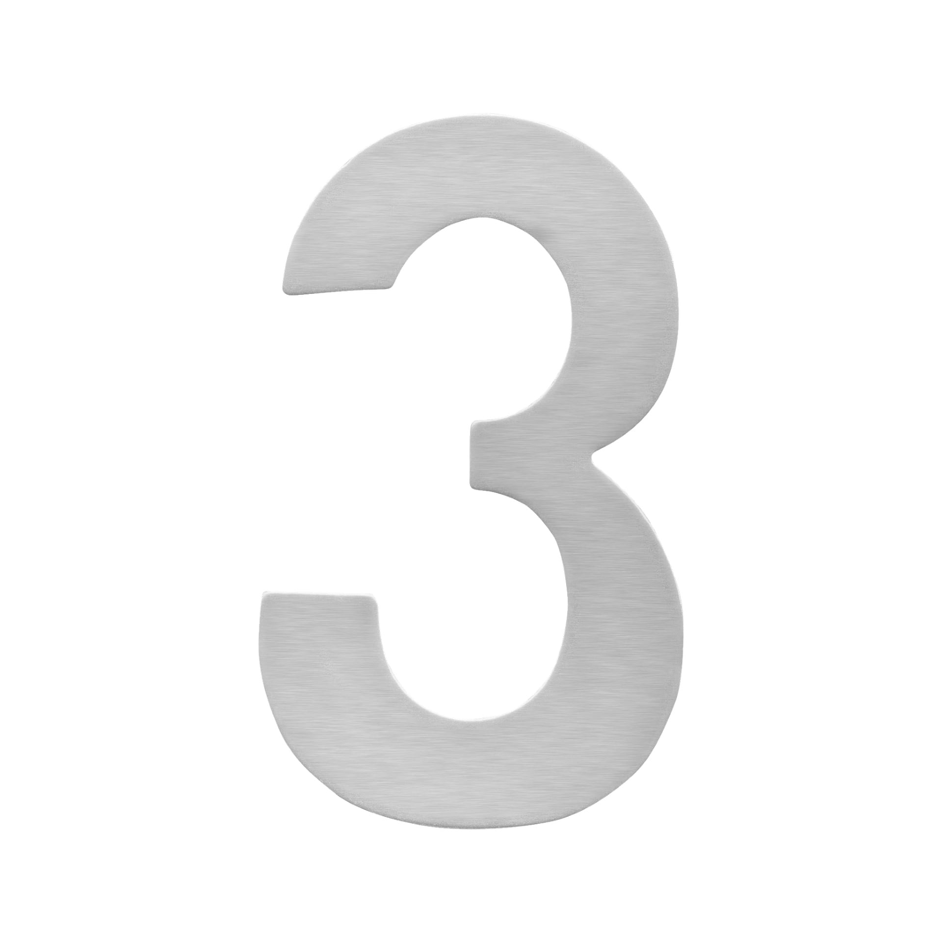 Ett stort, metalliskt självhäftande nummer tre med en borstad yta och en enkel, modern design.