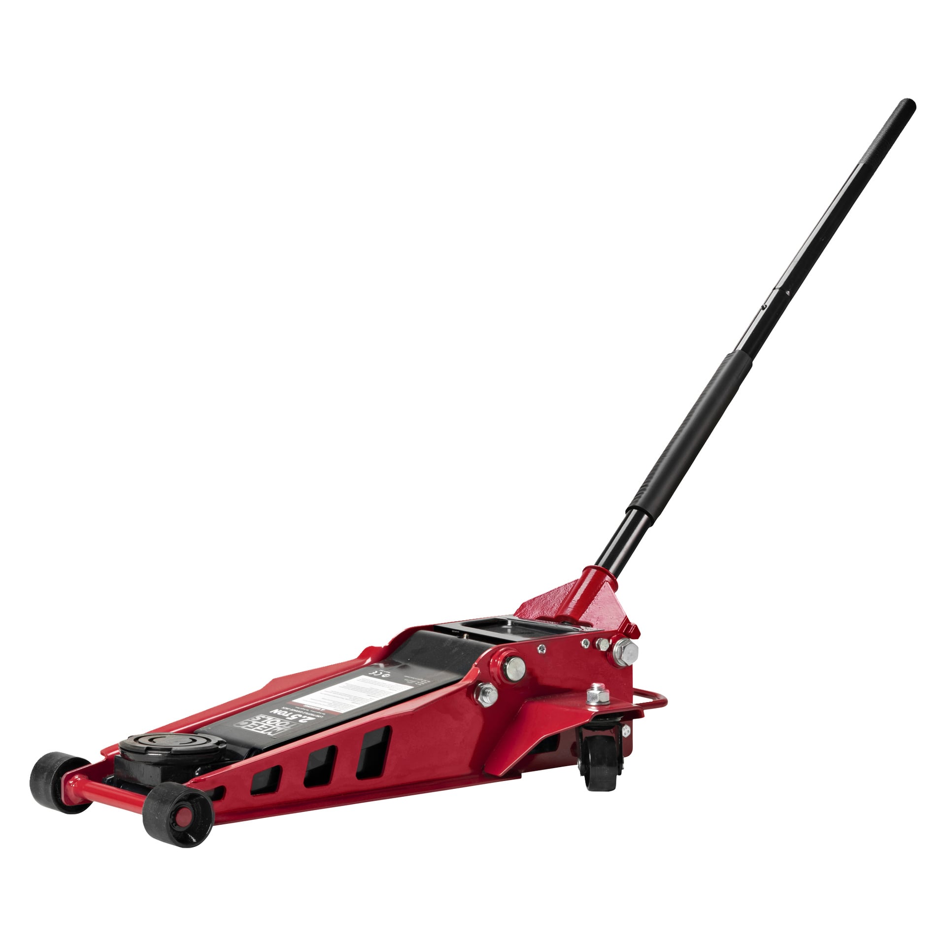 Ein Meec Tools Hochlift-Wagenträger mit niedrigem Profil und roter hydraulischer Karosserie und einem verlängerten schwarzen Griff zum Anheben von Fahrzeugen. Der Wagenheber verfügt über Räder zur Portabilität und eine flache Hebefläche.