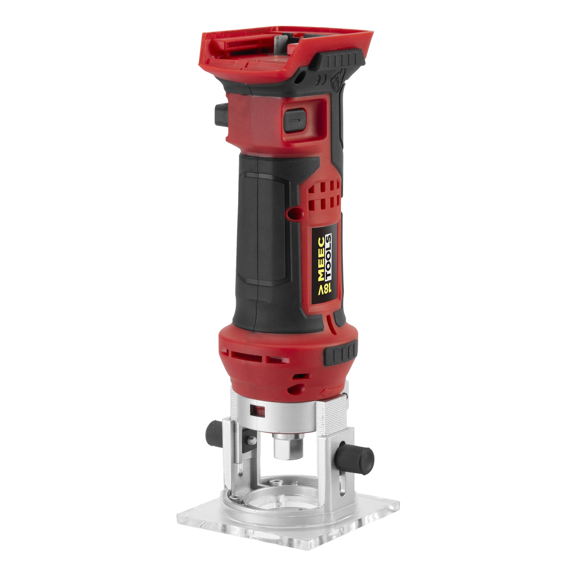 En rød og svart trådløs elektrisk trimfres med gjennomsiktig bunnplate står oppreist. Verktøyet er merket Meec Tools Multiseries Handheld router ML-18V HOME 500.