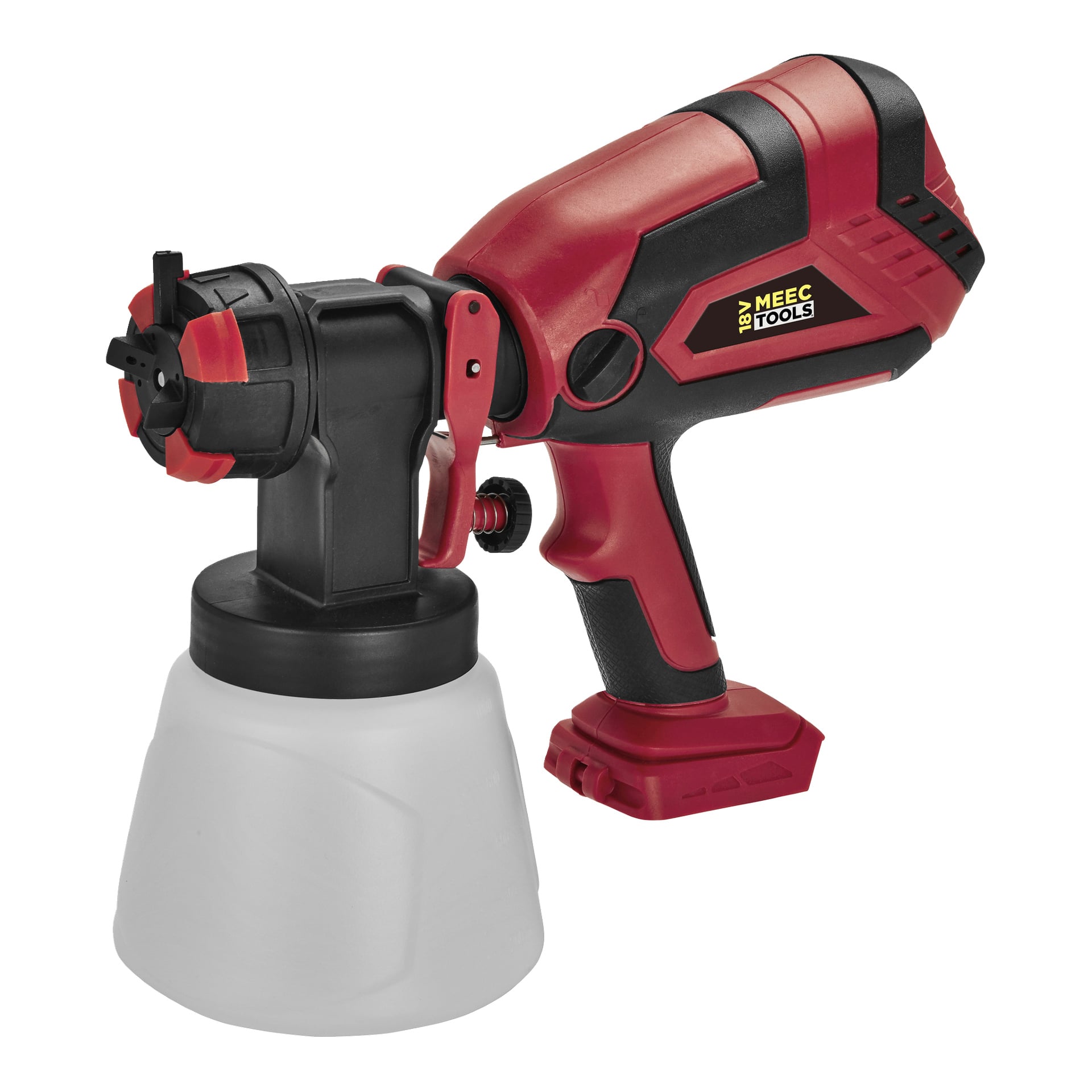 Käsikäyttöinen punamusta maalausruiskutin, jossa on valkoinen irrotettava astia, tunnistettu nimellä Meec Tools Multiseries Paint Sprayer PG-18V HOME 500, suunniteltu yksinkertaiseen maalauskäyttöön.