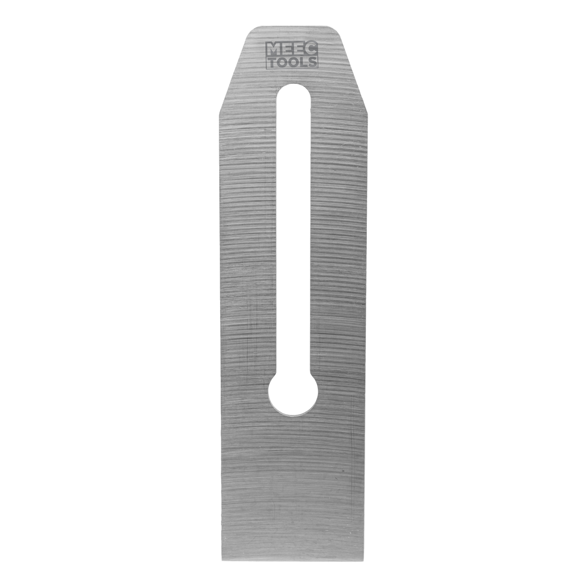 Eine austauschbare Handhobelklinge aus Metall mit einem langen vertikalen Schlitz und dem Markennamen Meec Tools oben.