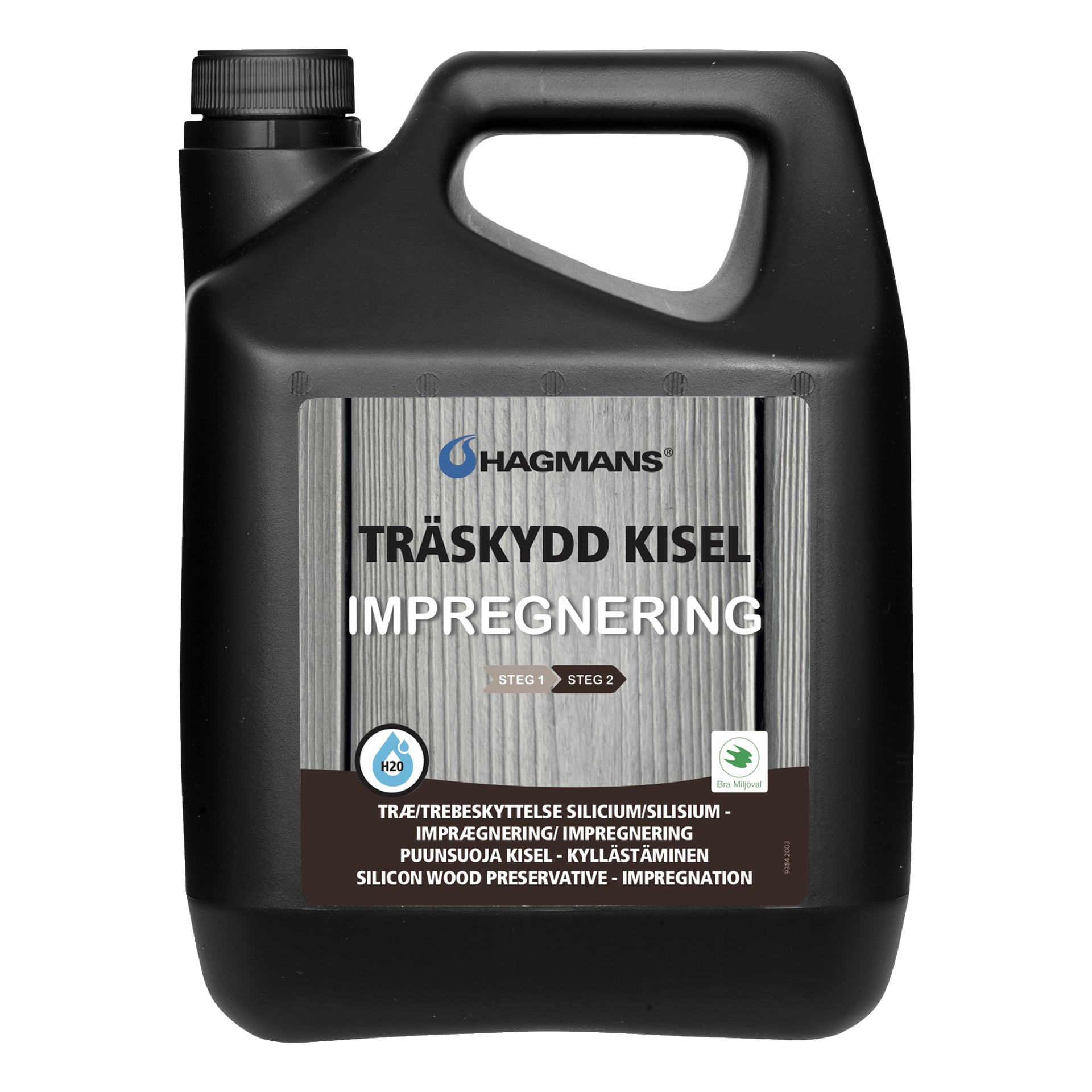 En 2,5-liters svart plastbehållare med Hagmans Kisel silikonträkonserveringsmedel med handtag och skruvlock. Produktetiketten ger detaljerad information om träbehandlingen.