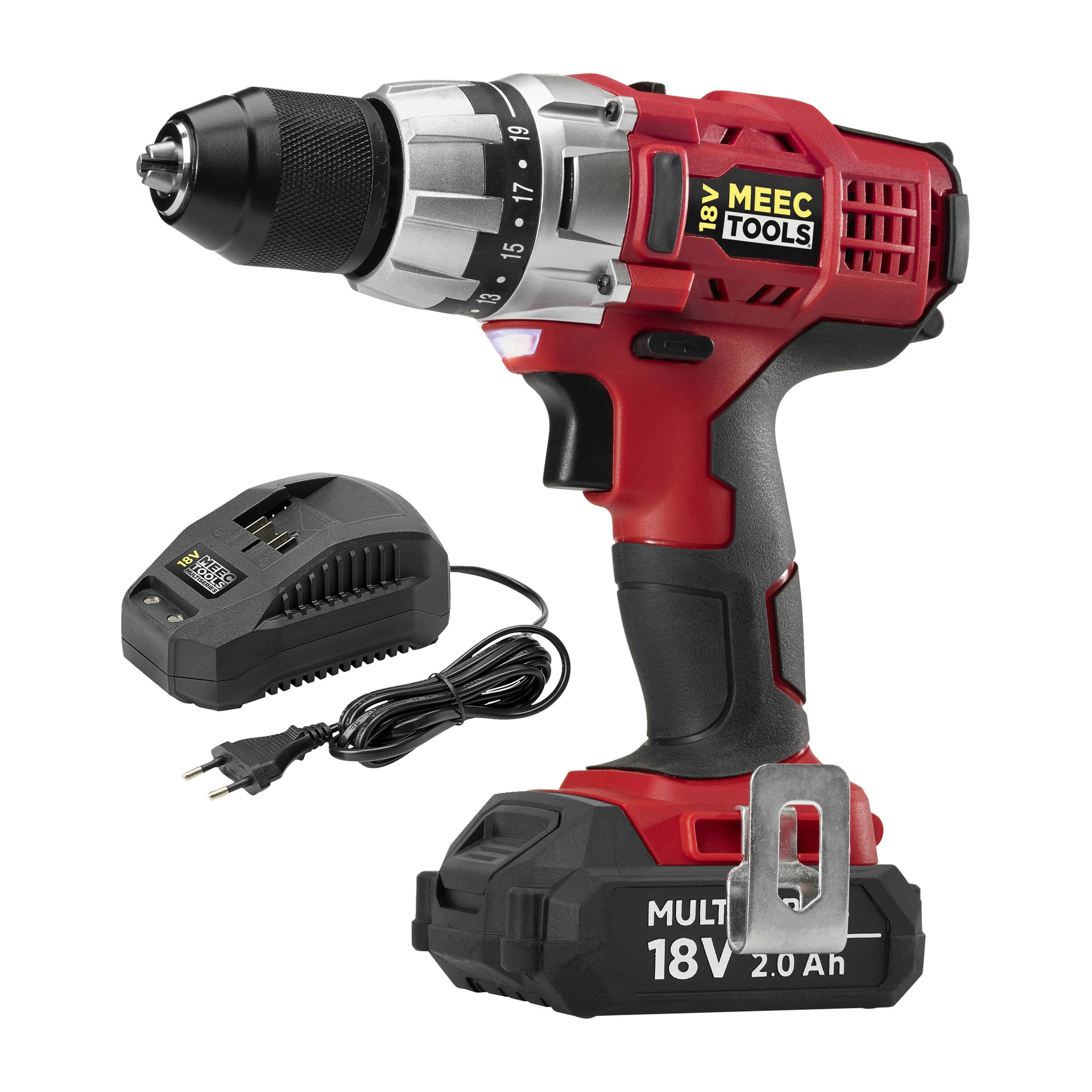 Meec Tools Multiseries -ruuvimeisselisarja DD-18V HOME 500" johdoton porakone, jossa on akkupaketti, hihnaklipsi ja latausasema.