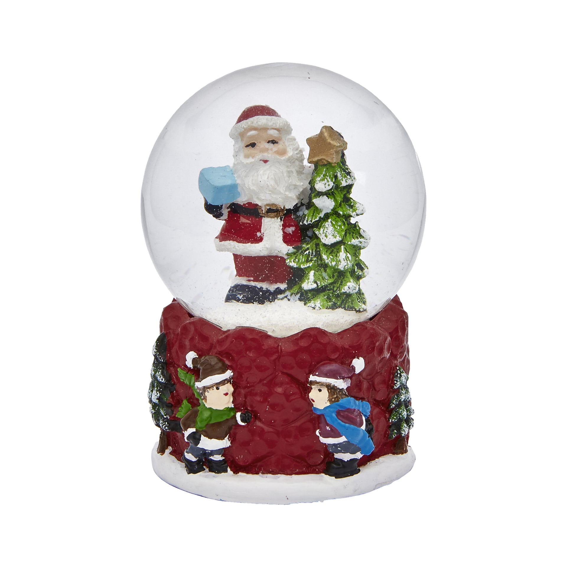 EKVIP Snow Globe visar en jultomtefigur med en present bredvid en festlig julgran. Två barn klädda i vinterkläder och små gröna träd pryder den röda basen.