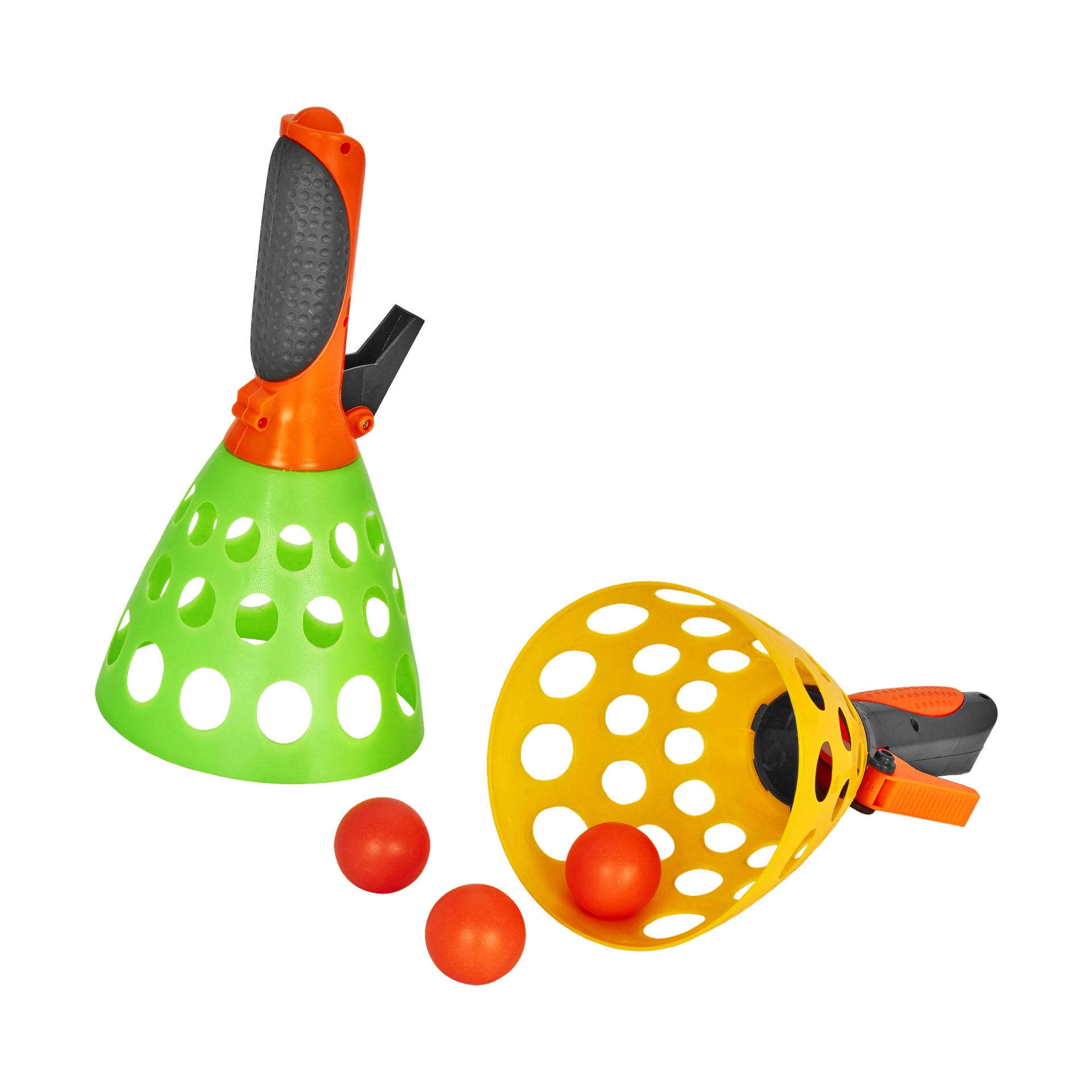 Kayoba Ball Catcher-Set mit zwei Handwerfern mit grün-gelben perforierten Kegeln und drei orangefarbenen Bällen.