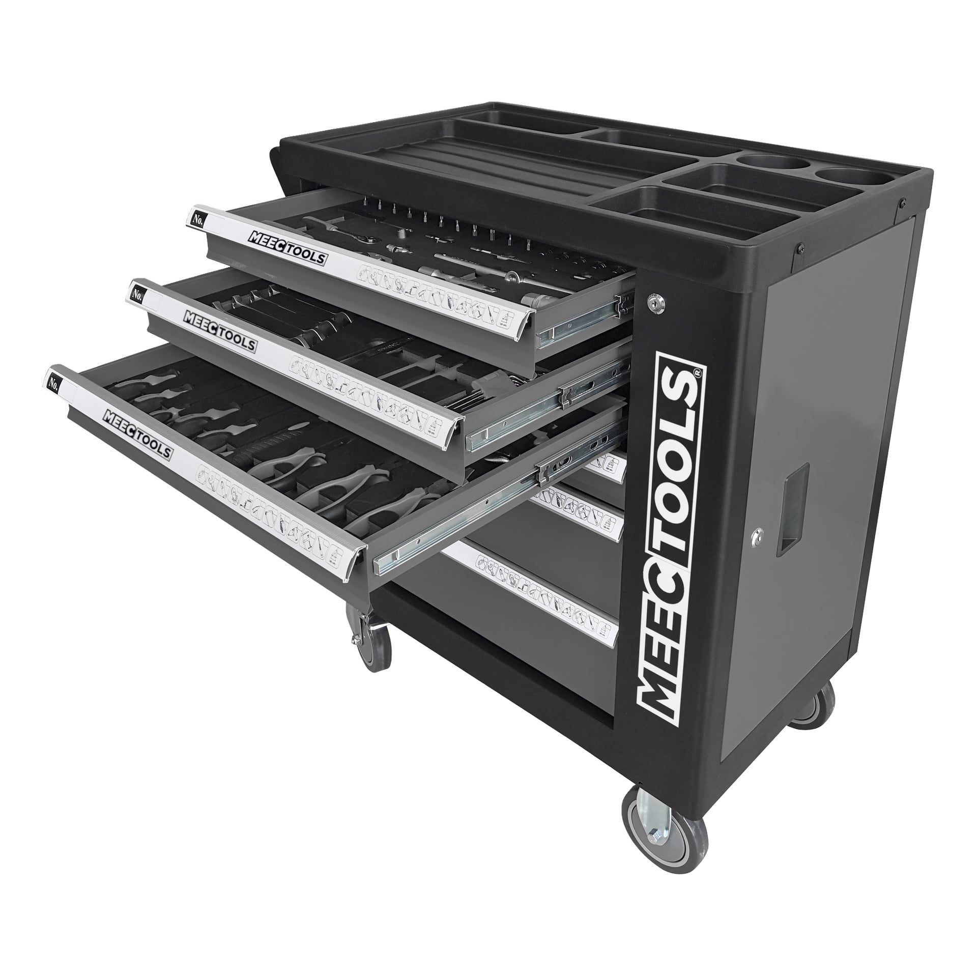 En svart verktygsvagn från Meec Tools med etiketten "Tool trolley 167 pieces" har fyra lådor som är delvis öppna, var och en organiserad med skiftnycklar och olika handverktyg. Vagnen har silverhandtag, fack på den övre brickan och visar Meec Tools-logotypen på sidan.